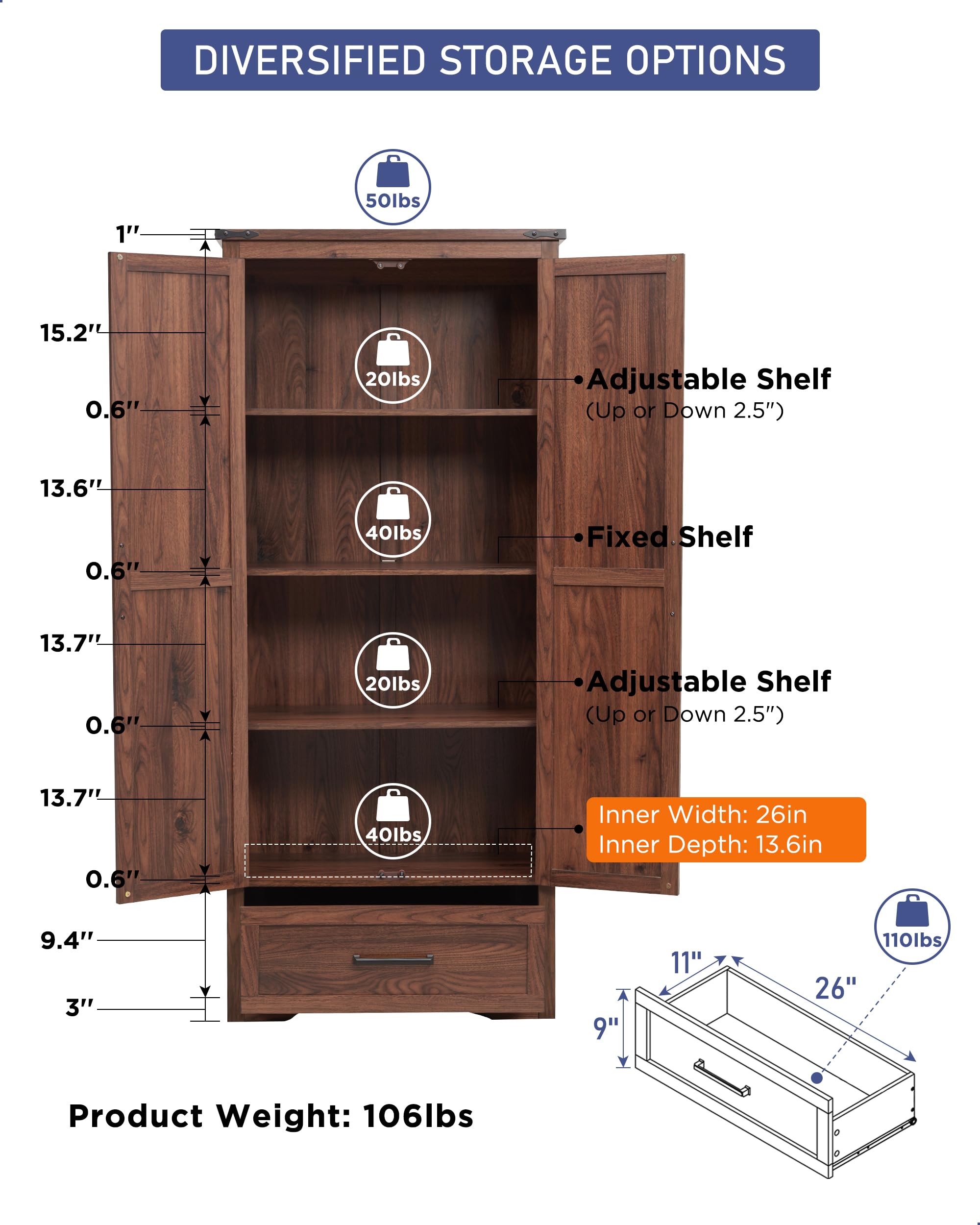 XIASLO 72" Tall Wood Storage Cabinet, Farmhouse Kitchen Pantry Cabinet with Adjustable Shelves & Drawer & Barn Doors, Versatile Storage for Kitchen, Dining Room, Bathroom, Brown