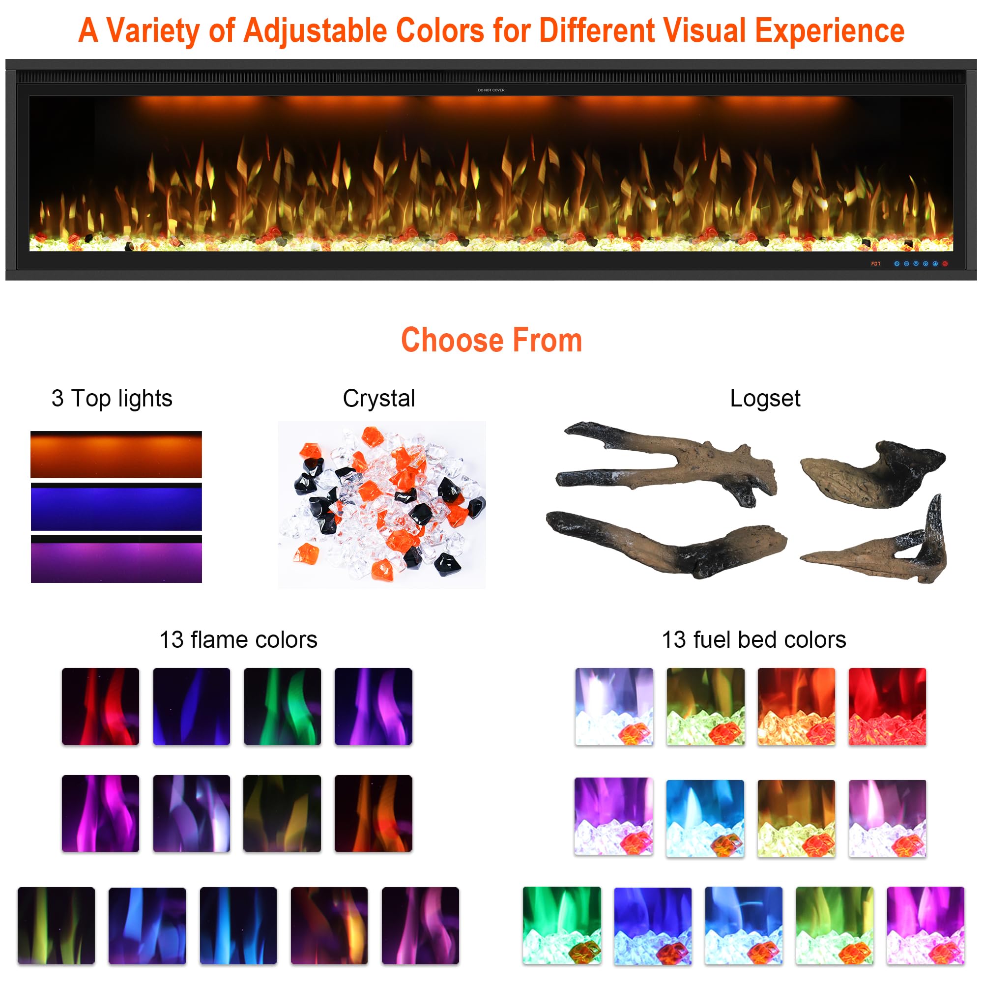 74" Smart Electric Fireplace Inserts, Slim Fireplace with APP & Alexa Control, Remote & Touch Panel, Adjustable Flame Colors & Fuel Bed Colors, Timer & Overheat Protection, 750W/1500W, Black