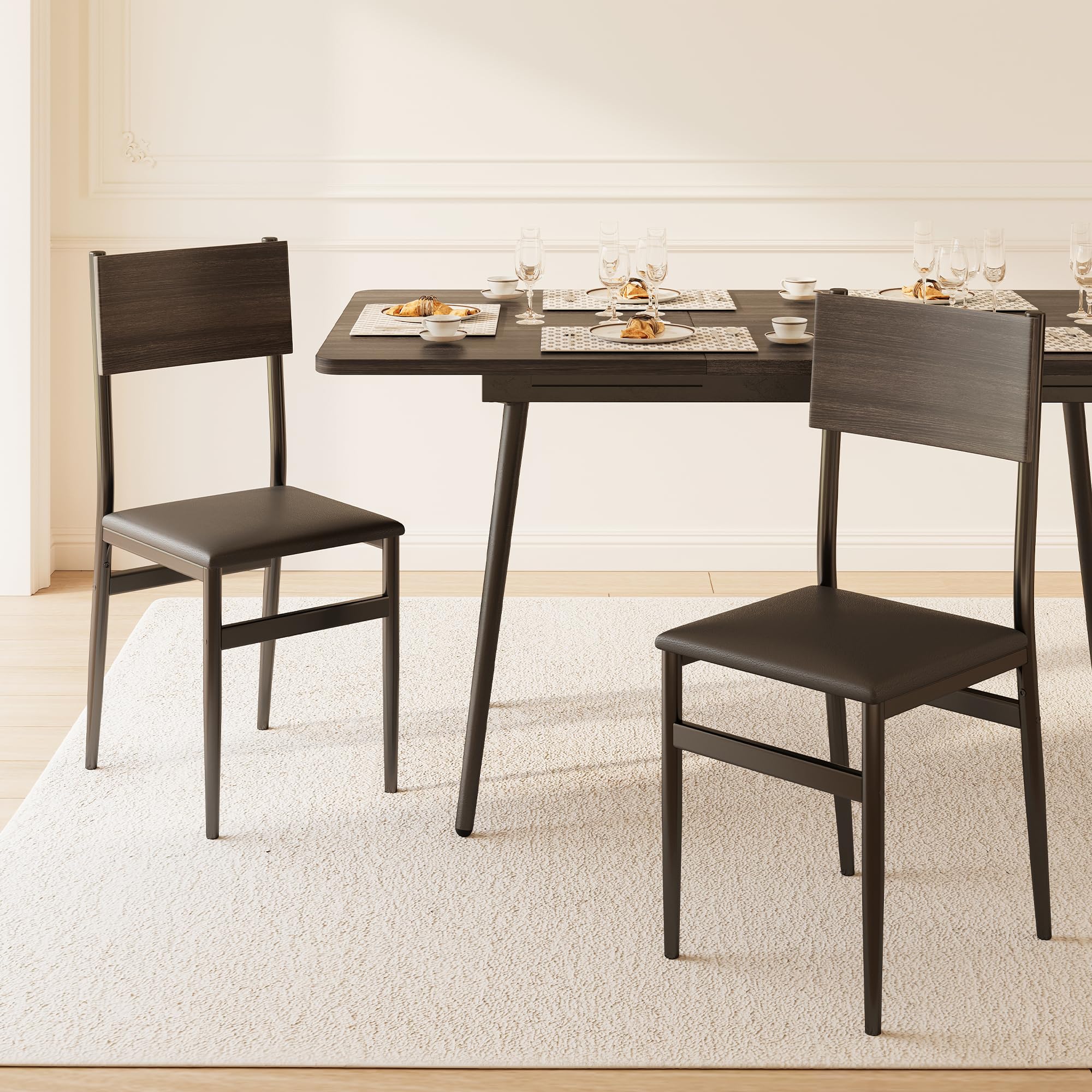 Ahomly 7-Piece Extendable Dining Table Set with 6 Padded Chairs, 63" Dining Table Set for 4-6, Kitchen Table Set with MDF Board & Metal Frame, for Small Space, Kitchen, Apartment, Black