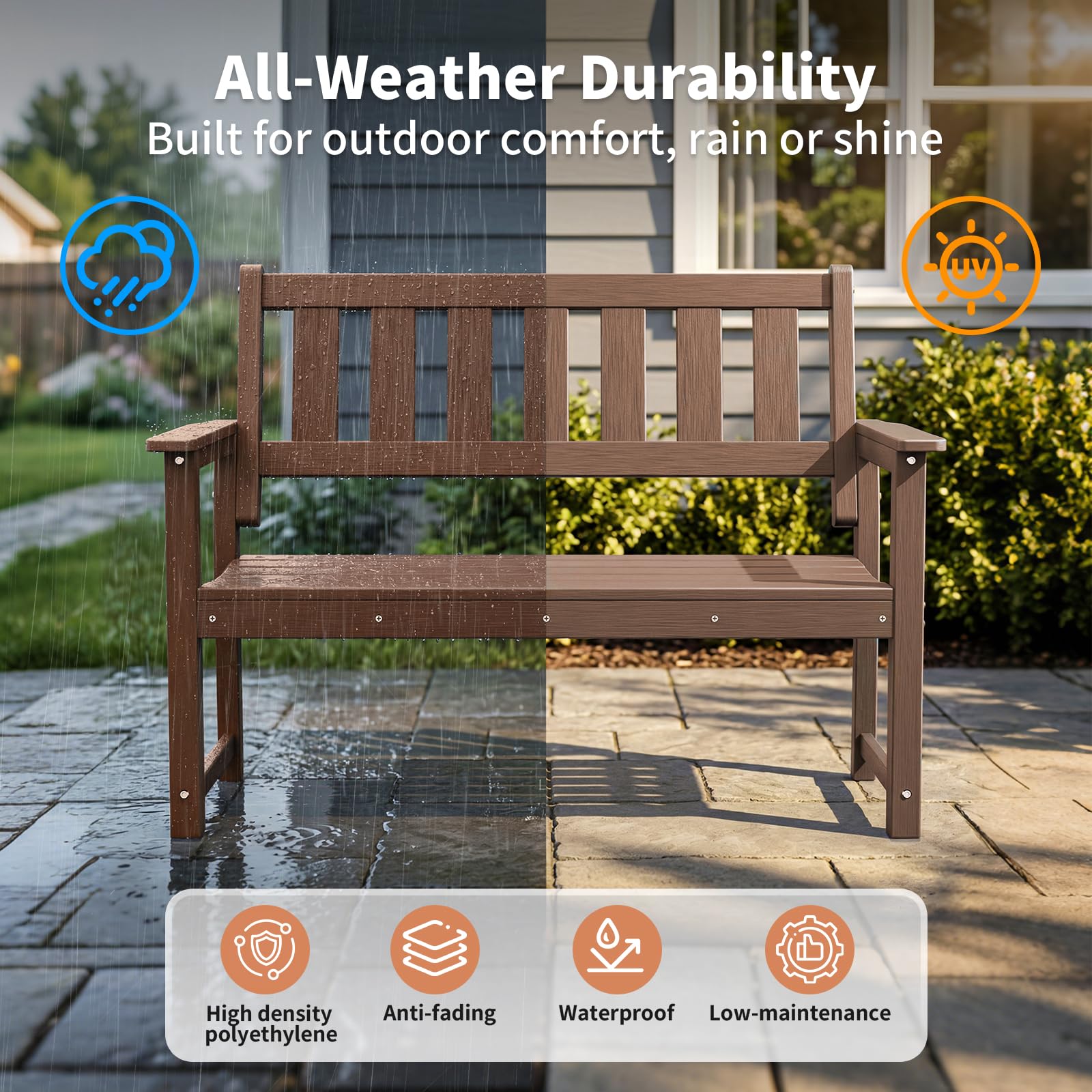 ACUEL 50" HDPE Outdoor Bench, 2-Person Poly Lumber Weatherproof Patio Garden Bench Seating with 800 lbs Weight Capacit, Bench for Porch, Backyard, Lawn, Park, Balcony and Church Furniture (Brown)