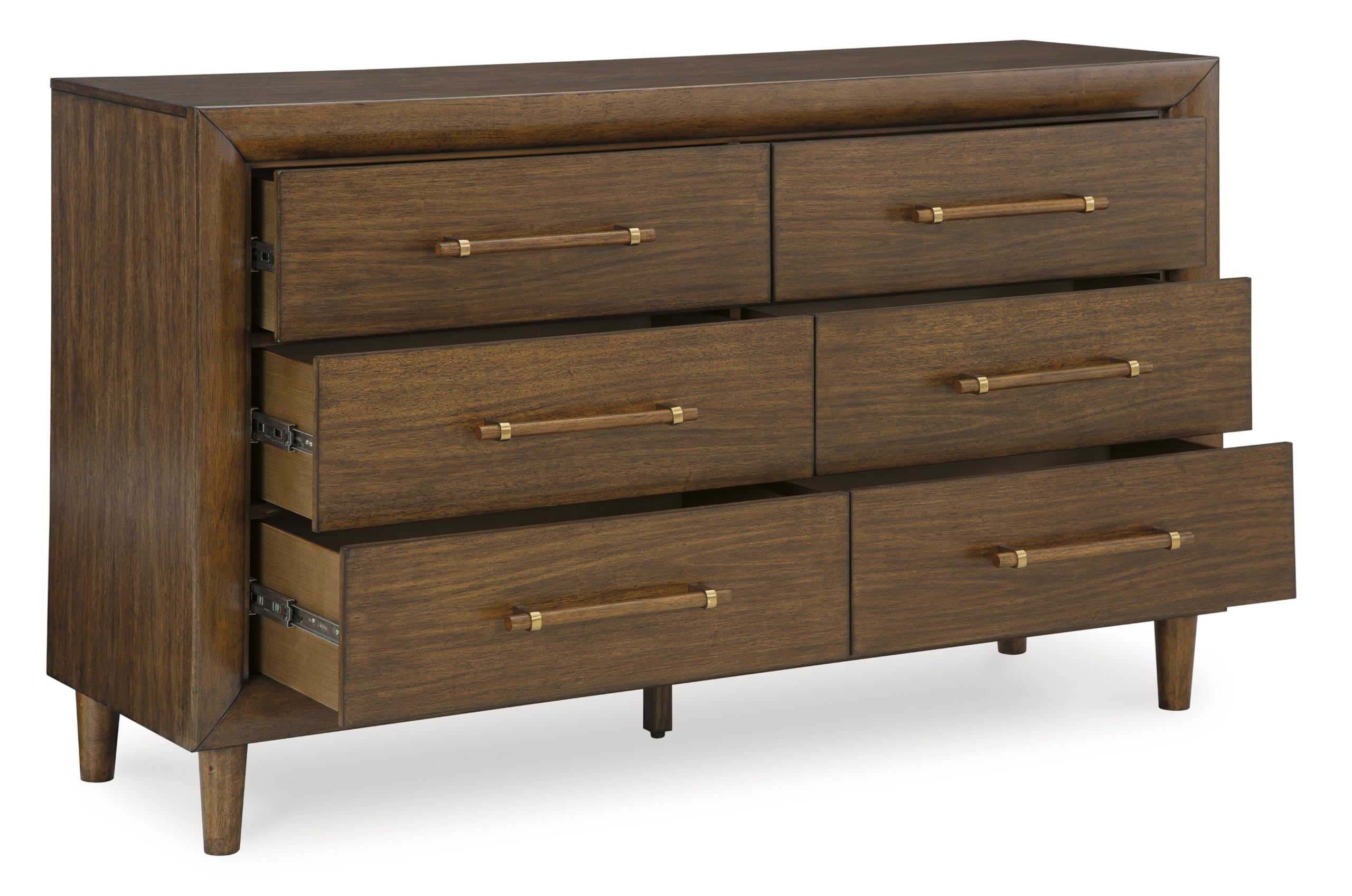 Signature Design by Ashley Lyncott Six-Drawer Dresser, Felt Lined Top Drawers, Round Tapered Legs, Hardwood Solids, 61.25' W x 17.88' D x 37.5' H, Brown