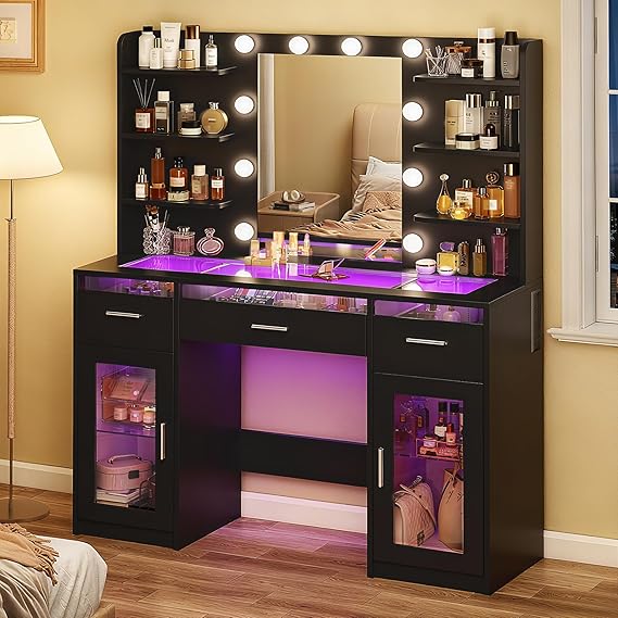 Vanity Desk with Mirror, Lights & Storage