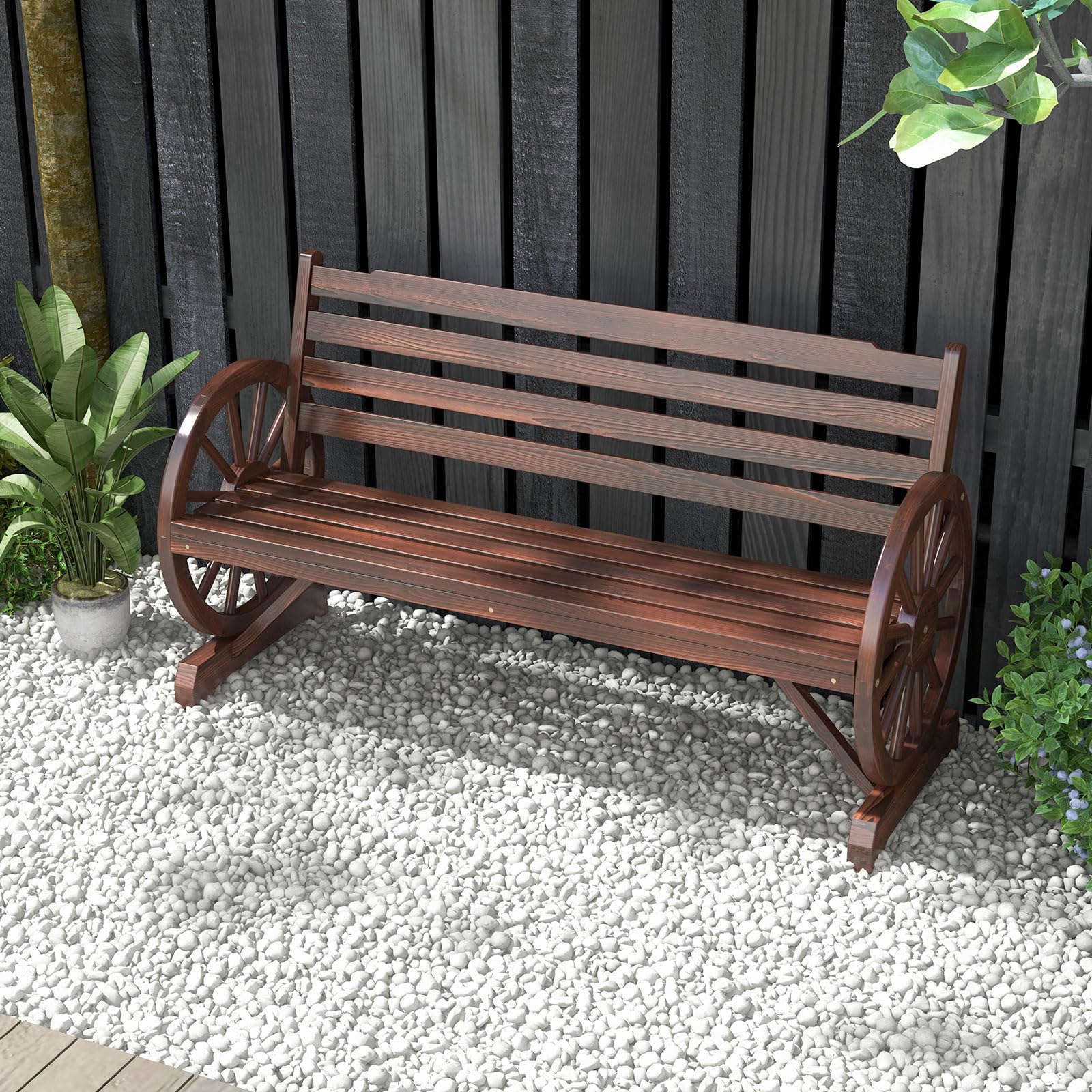 Outdoor Wooden Wagon Bench with Wheel Armrest