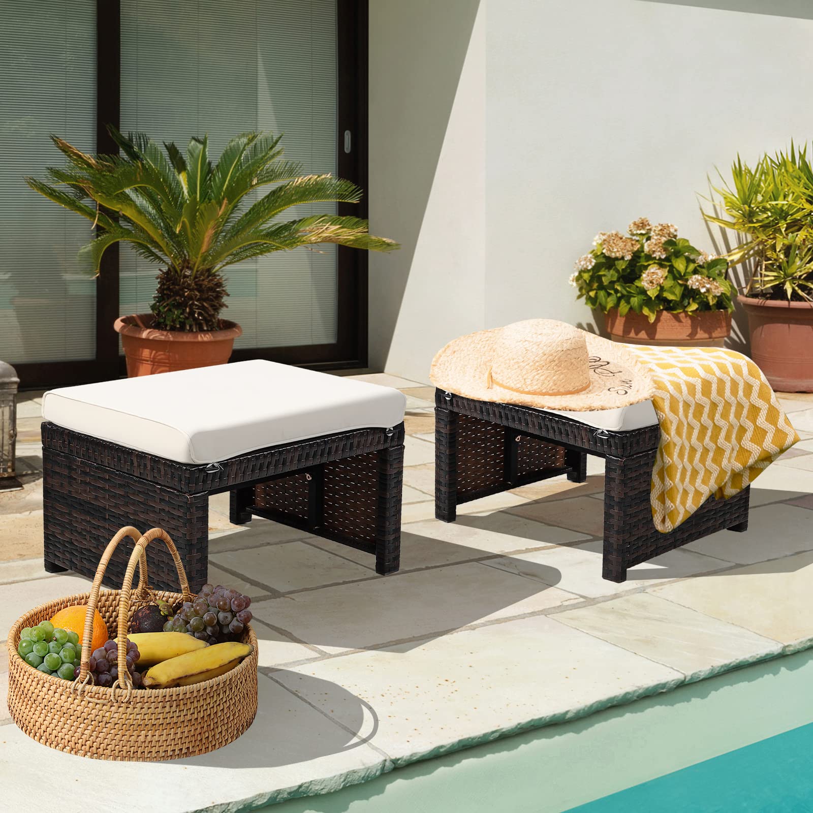 2-Piece Outdoor Rattan Ottoman Set with Cushions