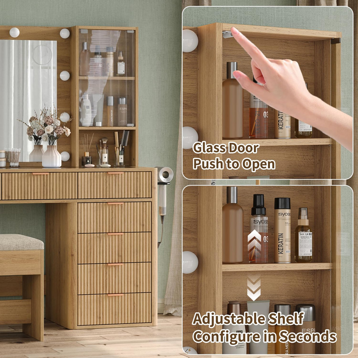 Fluted Makeup Vanity with LED Mirror