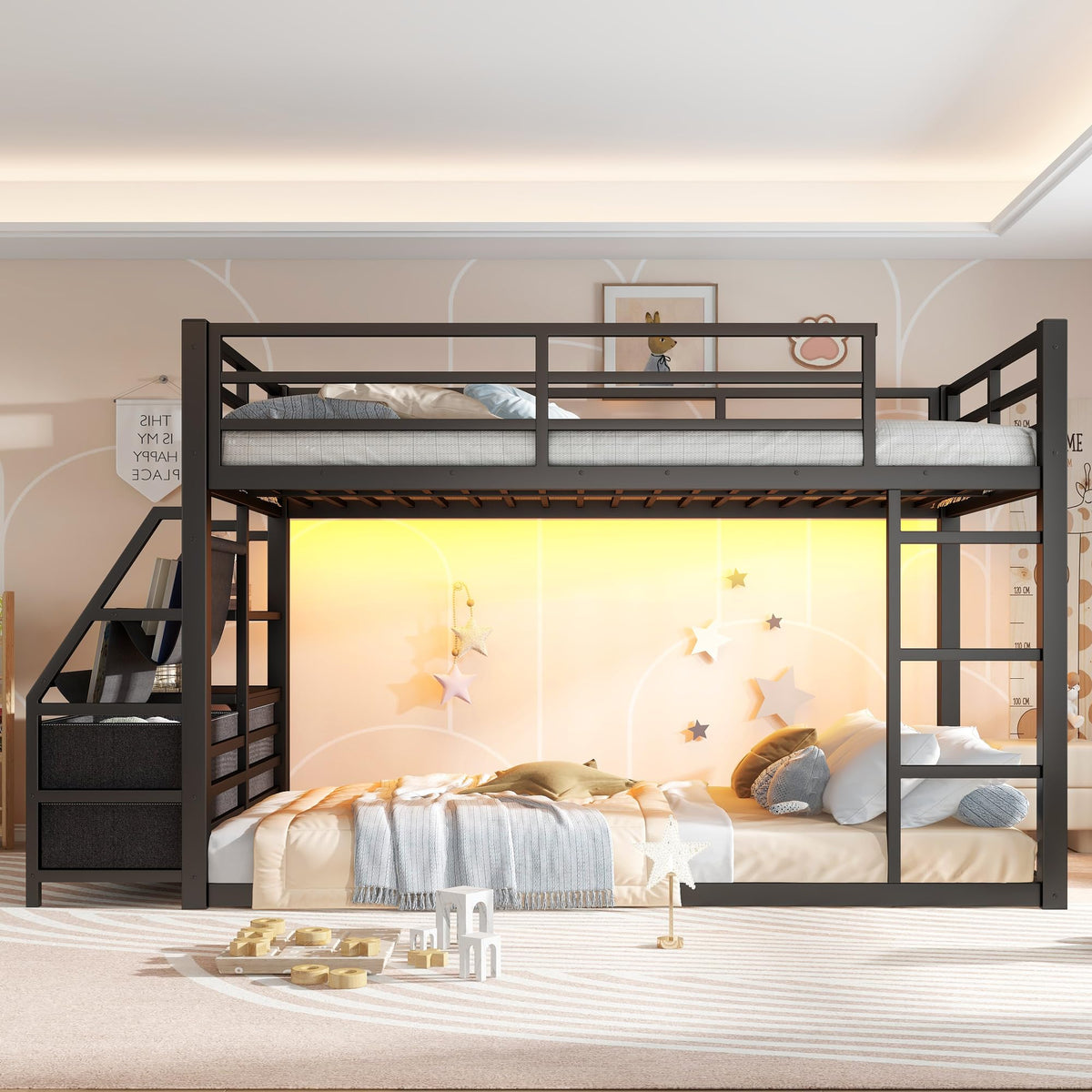 Twin Metal Bunk Bed with Storage & LED Lights
