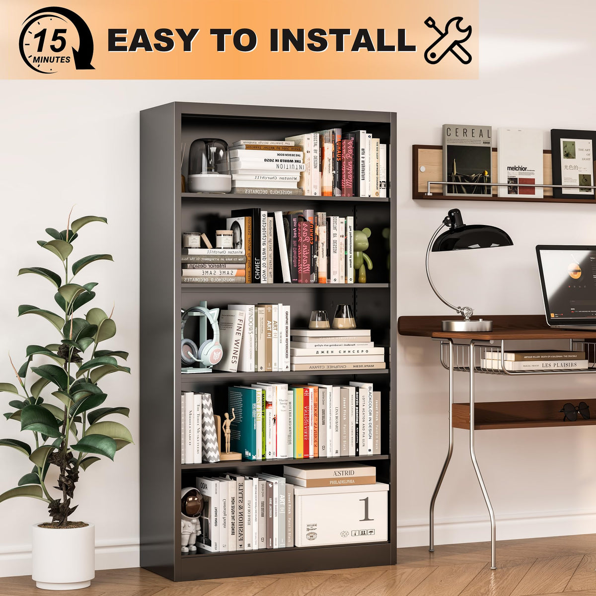 VASAAOSD 66" Tall Metal Bookcase, 5 Shelf Black Bookcase with Adjustable Shelves, Large Bookshelves and Bookcases, Modern Book Shelf Storage Organizer for Living Room, Home Office, Library (Black)