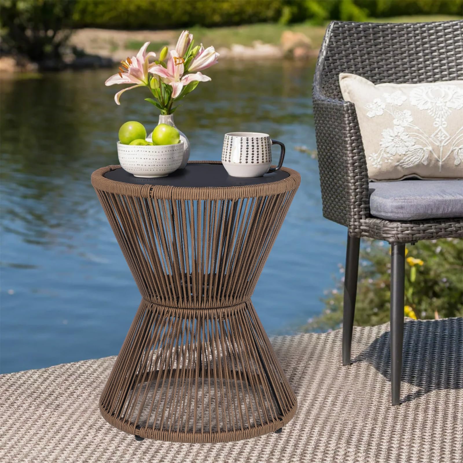 Woven Rope Outdoor Side Table with Glass Top