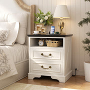 Unikito Farmhouse Nightstand with Charging Station, Bedside Table with 2 Large Drawers & Vintage Handles, Side Table with Open Storage for Bedroom (Antique White)