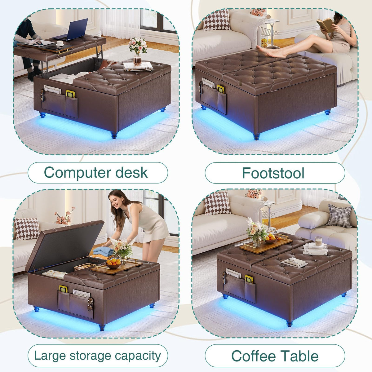busyaeh Storage Ottoman Coffee Table,Square Ottoman Bench with LED Lights