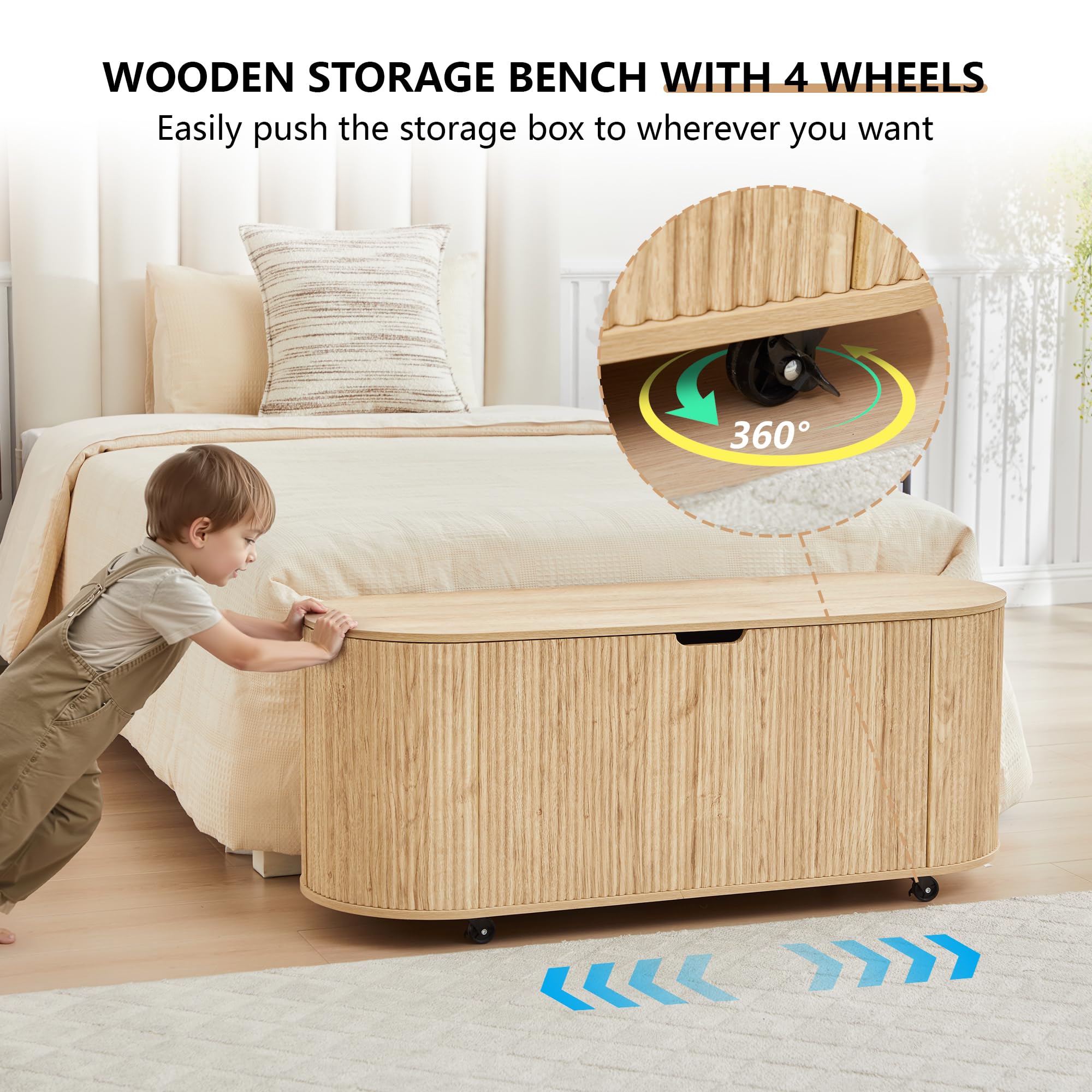 Fluted Oval Storage Bench with Lift Top & Wheels