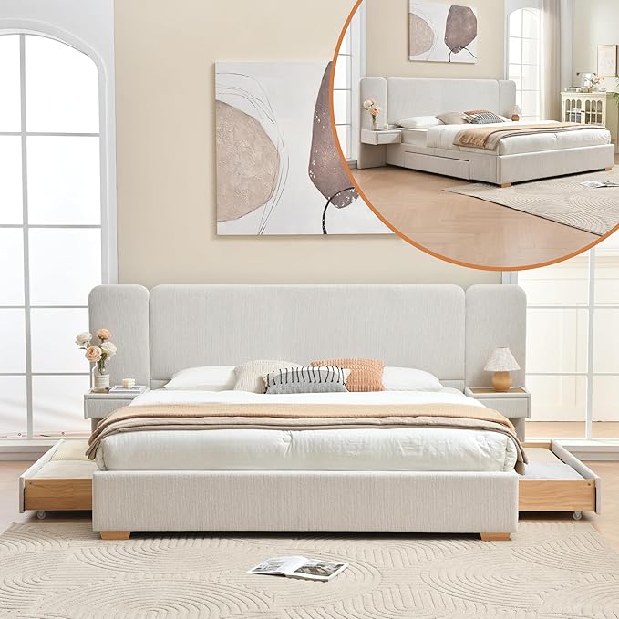 Upholstered Platform Bed with Nightstands & Storage Drawers