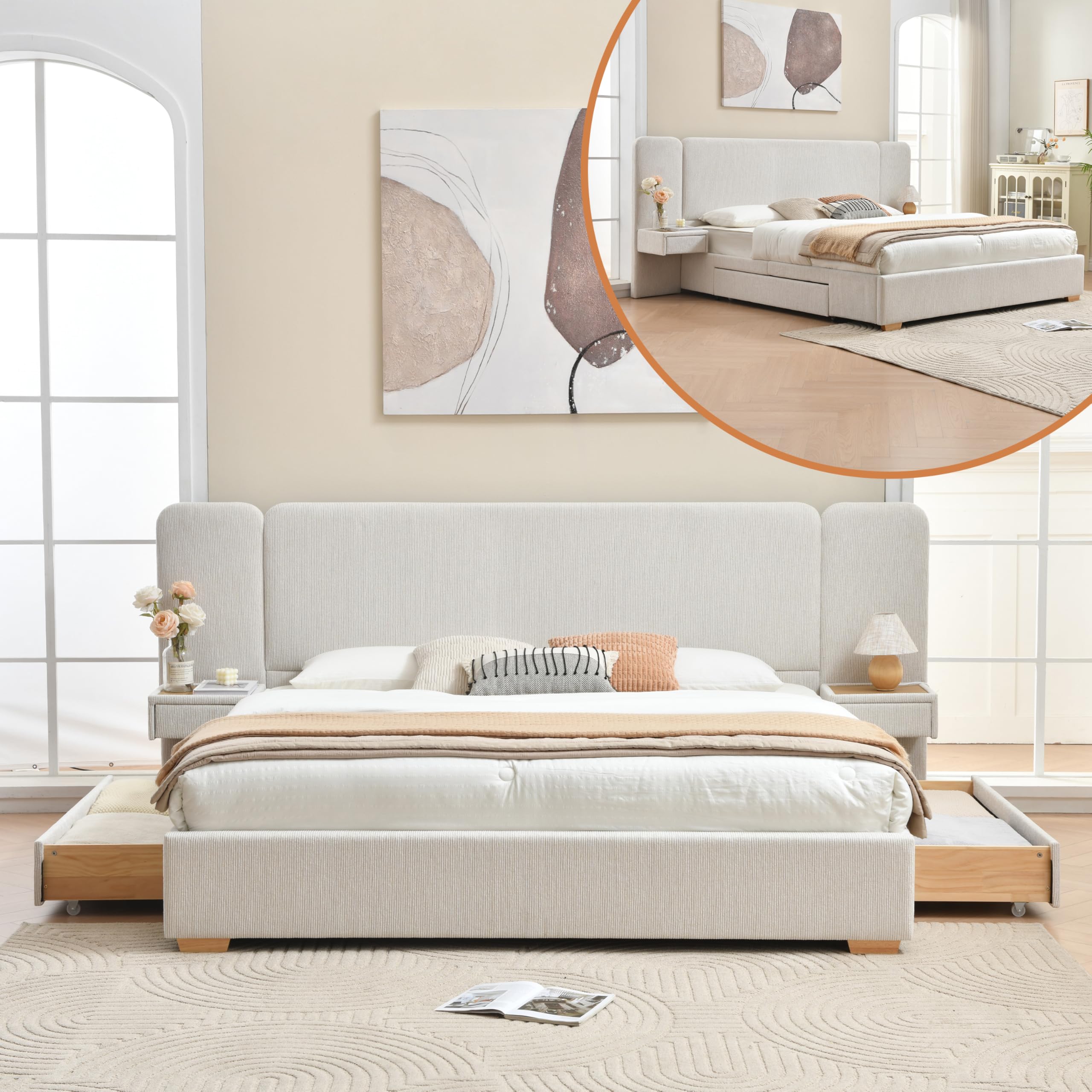 Platform Bed Frame with Nightstands & Storage Drawers