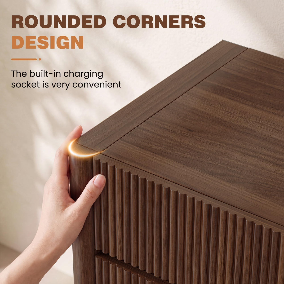 Apicizon 23.6'' Wide Fluted Nightstand with Charging Station, Walnut