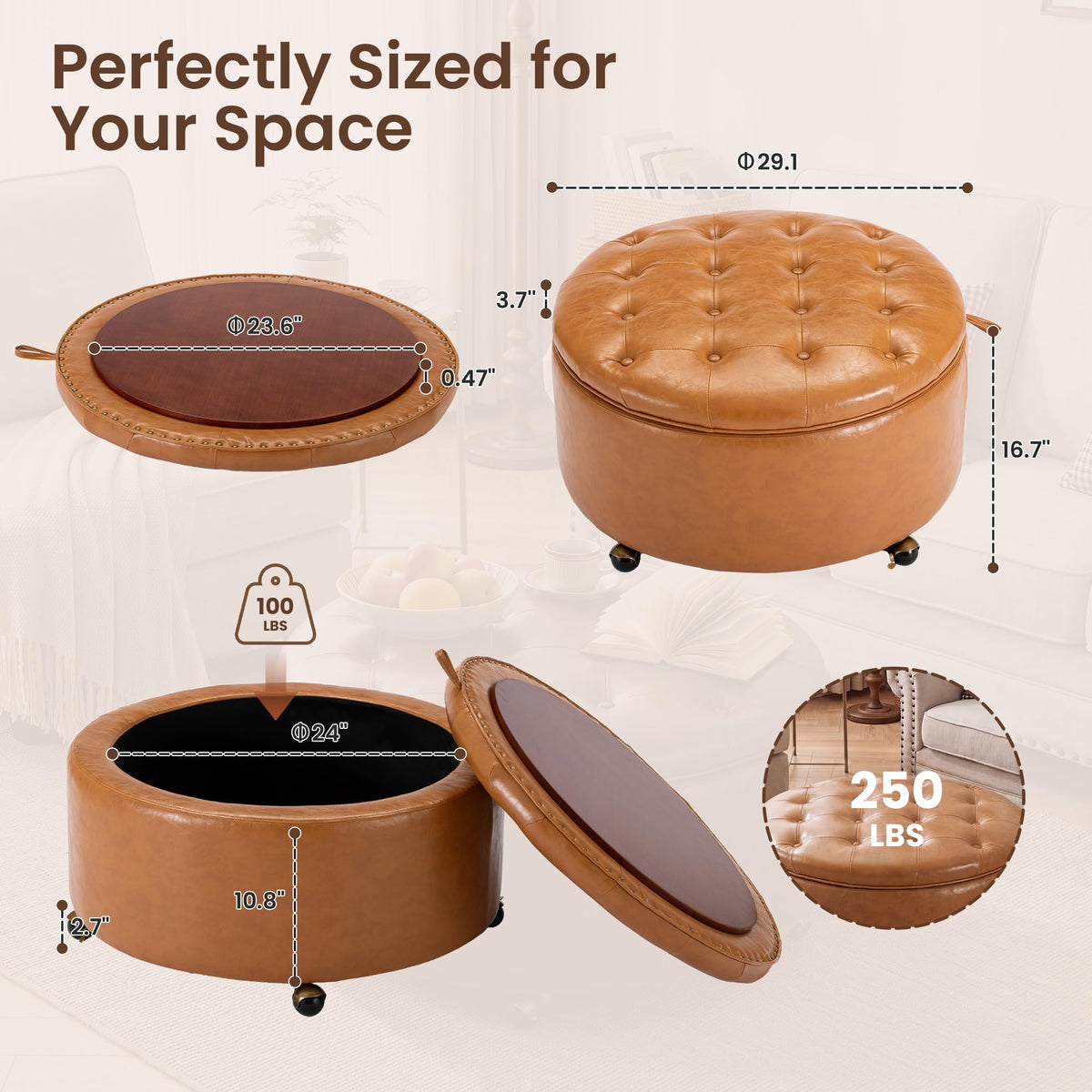 SUNBURY 29" Round Storage Ottoman, Reversible Tray, Cognac