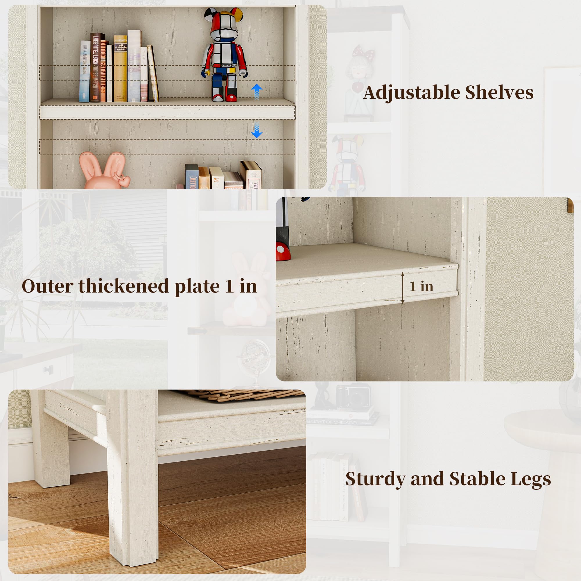 ENOUSHU 3 Pieces Living Room Furniture Sets, 70" TV Stand with LED Lights, Doors and Drawers, 71" Tall Bookcase Set of 2 with Open Display Shelf, Farmhouse Style, Wooden (Antique White)