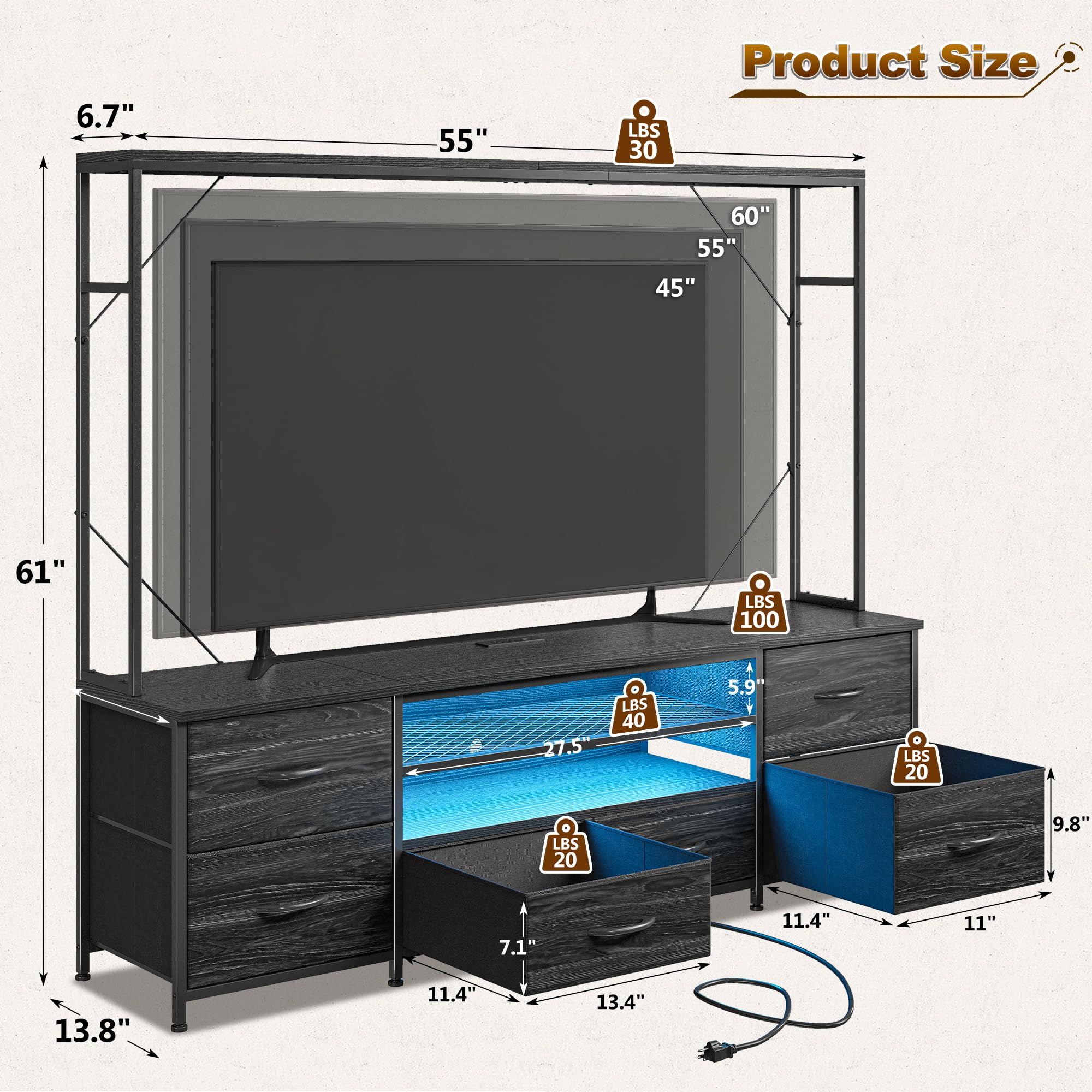 55" TV Stand with LED Lights & Power Outlets