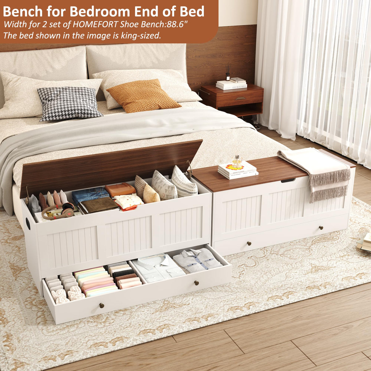HOMEFORT 44.3" Storage Chest with 2 Drawers, Retro Wooden Storage Trunk with 2 Safety Hinges,Large Shoe Bench with Storage for Entryway, Storage Bench for Bedroom, Living Room, White and Brown