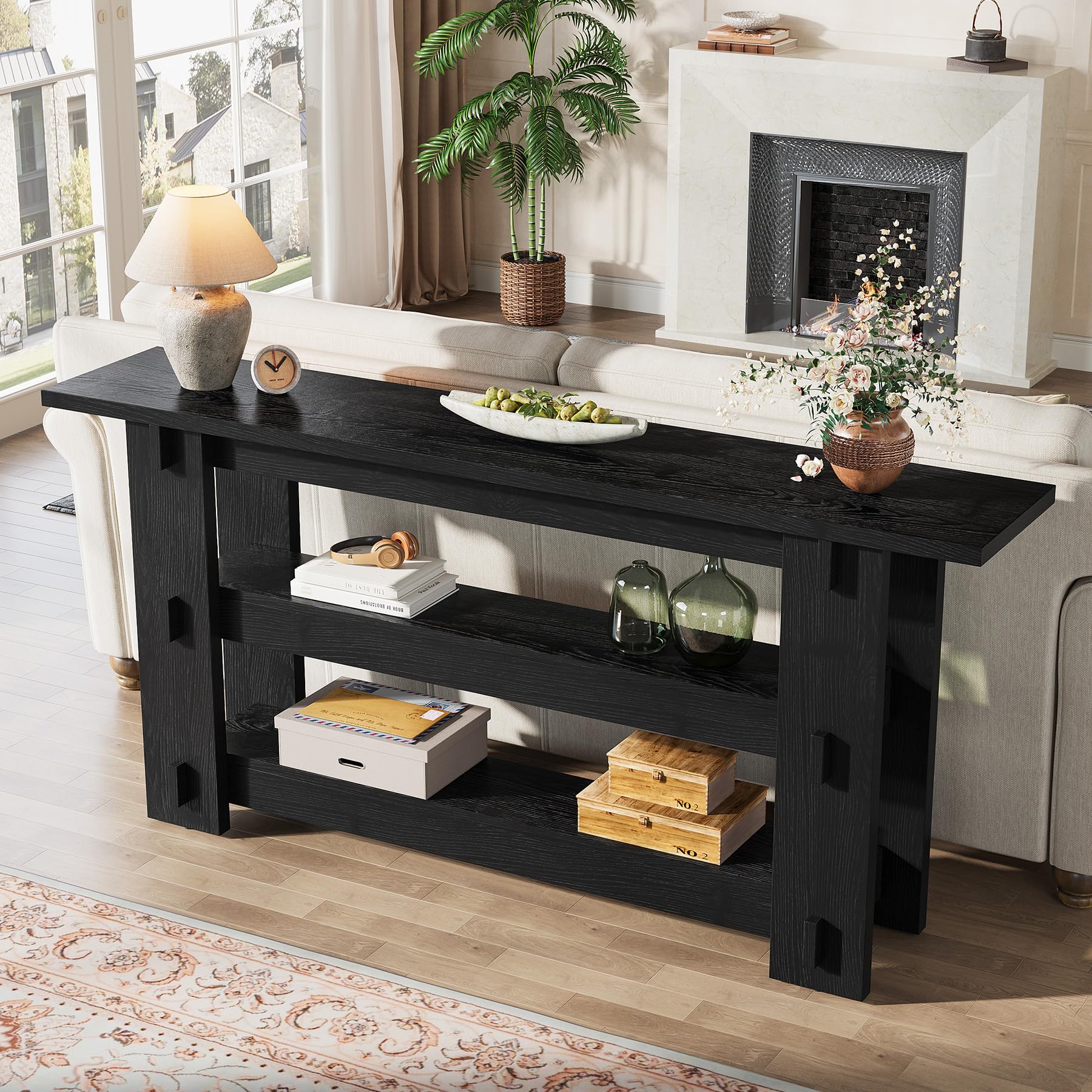 TRIBEWOOD 63-Inch Solid Wood Console Table, Farmhouse Sofa Table Behind Couch with Storage Shelves, Entryway Furniture for Living Room, Hallway, Foyer, Black