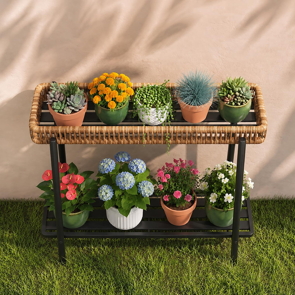 Mugovelo Metal Plant Stand with Rattan, Window Plant Rack Indoor Outdoor