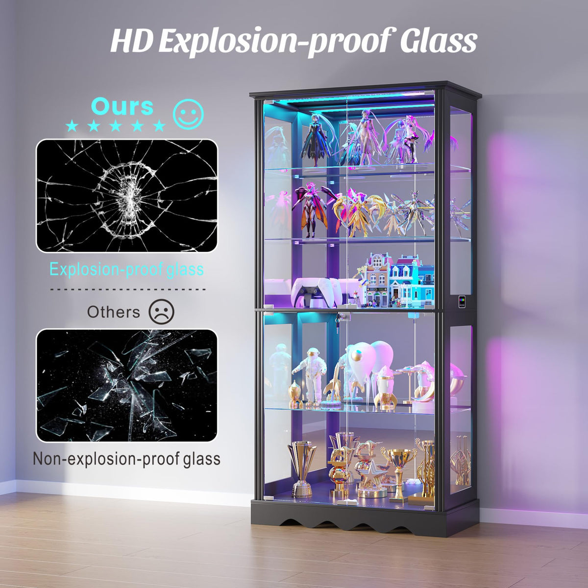 Dystler Display Cabinet with RGB LED Lights & Glass Doors, 5-Tier, Black