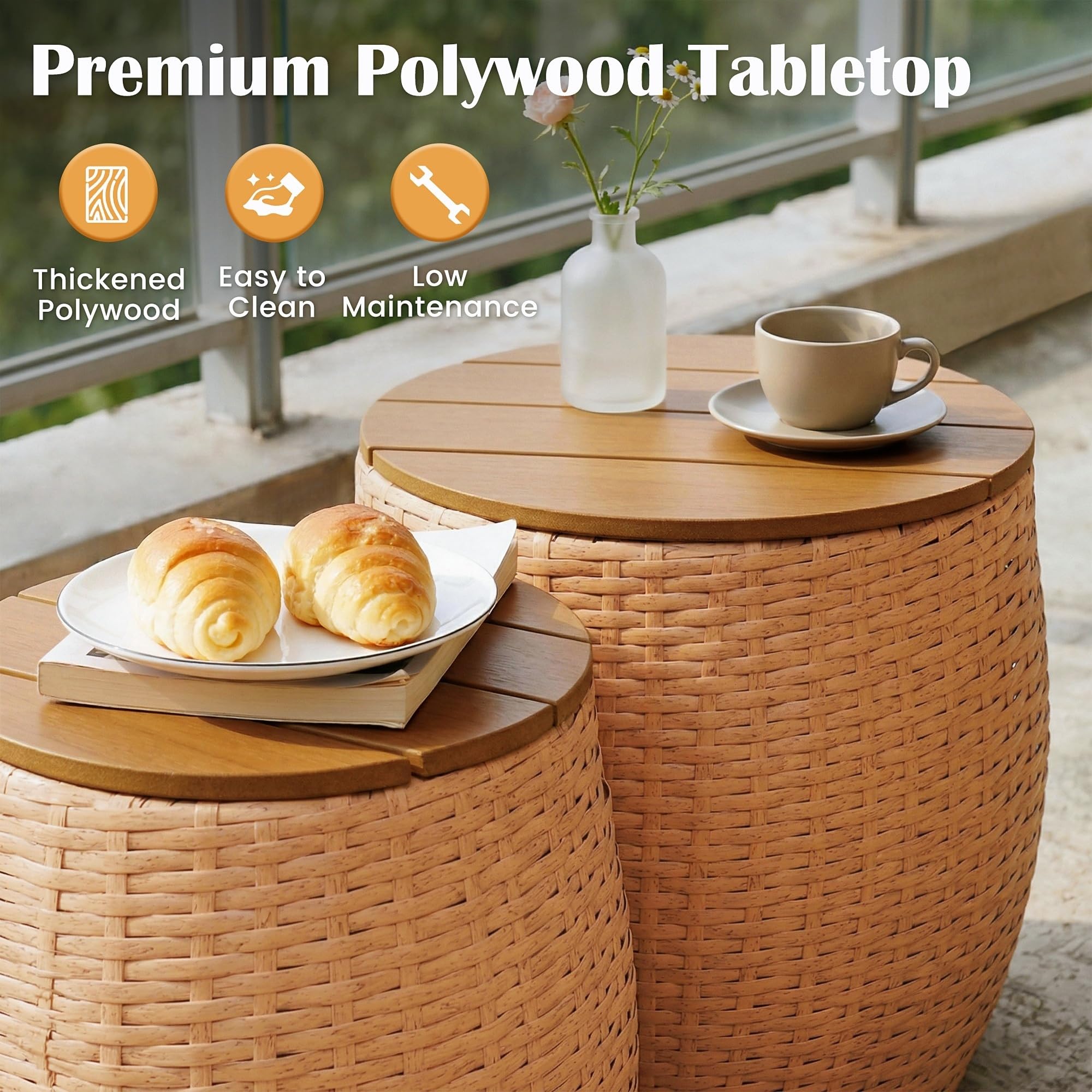 Round Wicker Barrel Side Tables with Storage – Set of 2