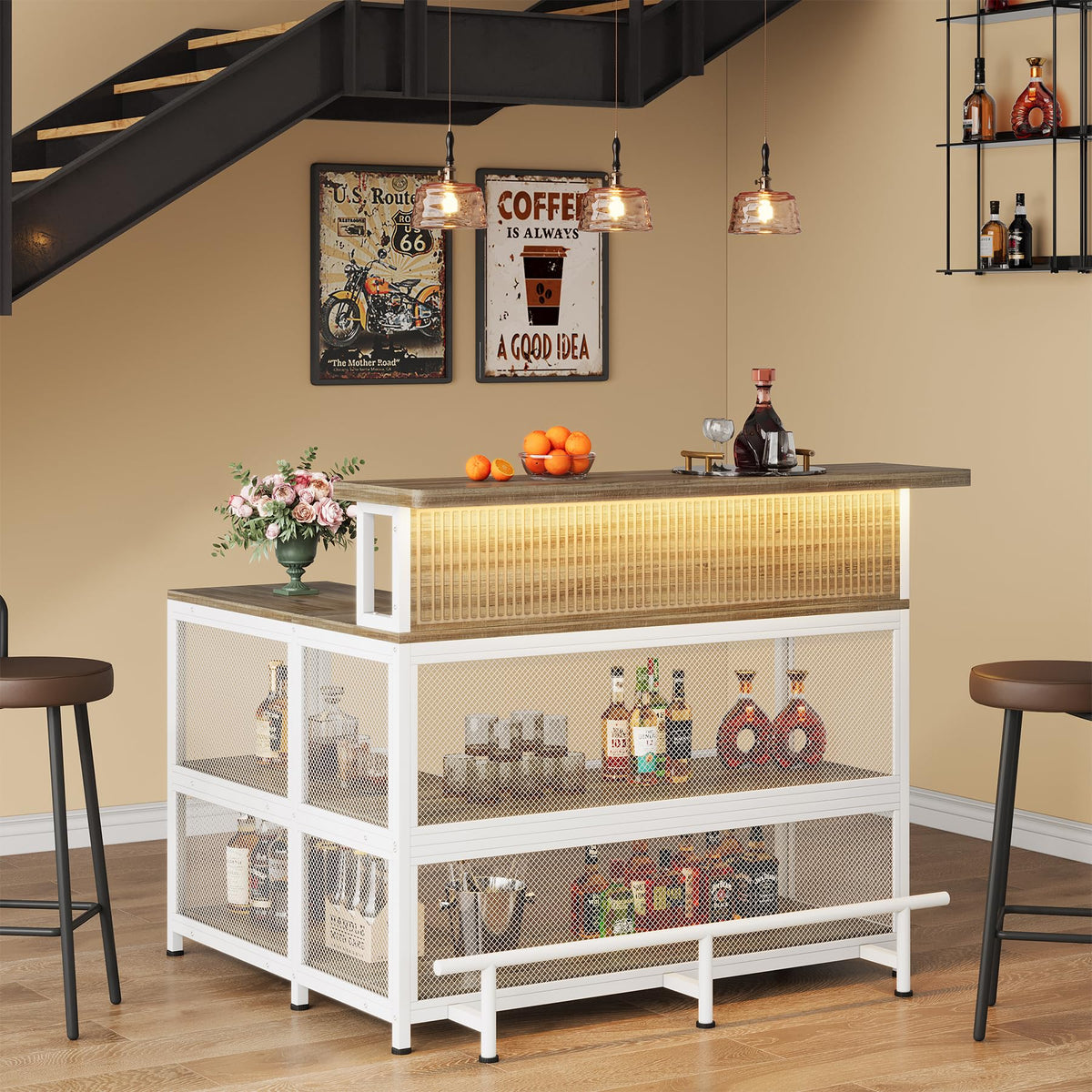 L-Shaped Home Bar with LED Lighting
