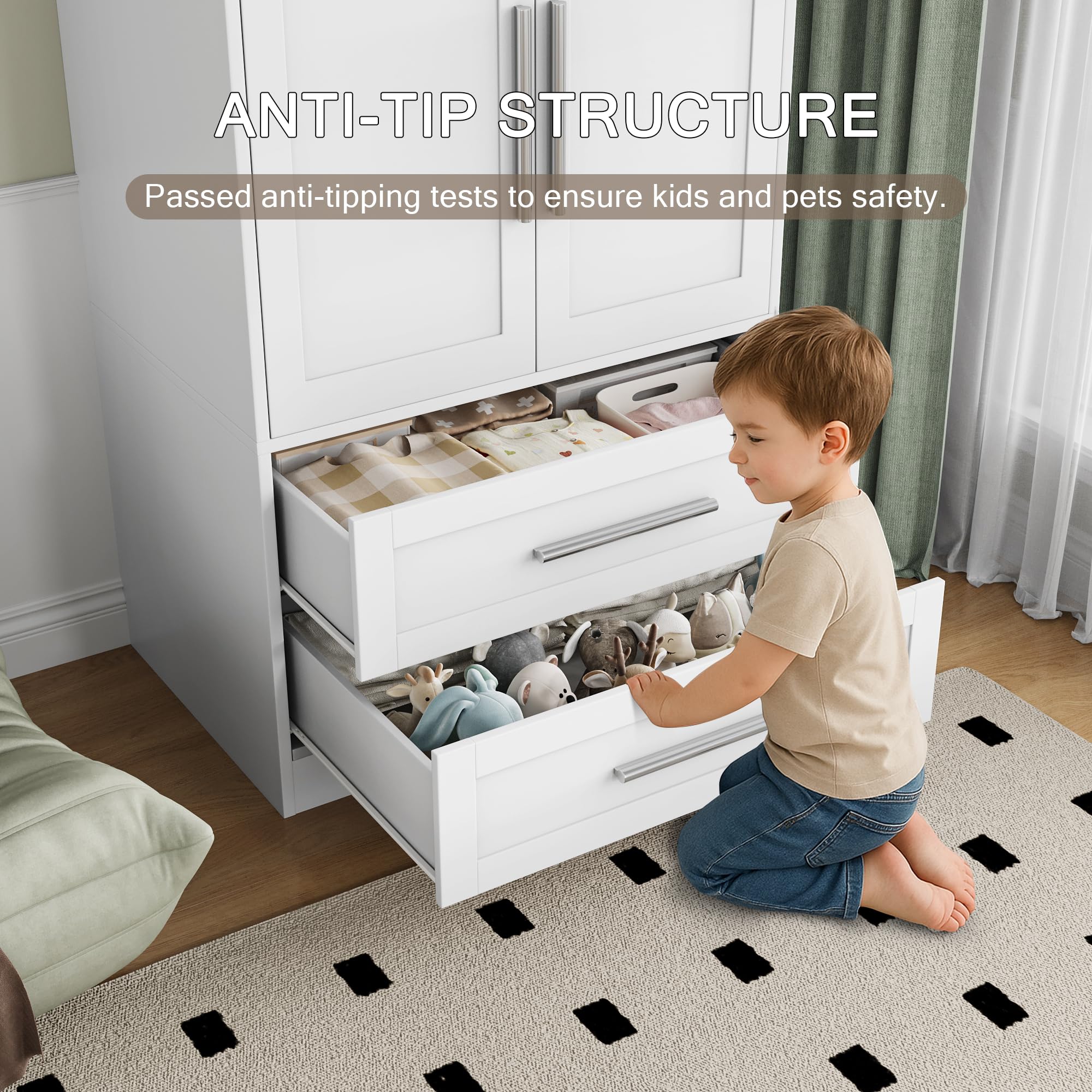 Einhomn Wooden Armoire Wardrobe Closet with 2 Doors and 2 Drawers,Bedroom Freestanding Armoire Storage Cabinet with Shelves,Tall Clothing Storage Cabinet for Bedroom,White