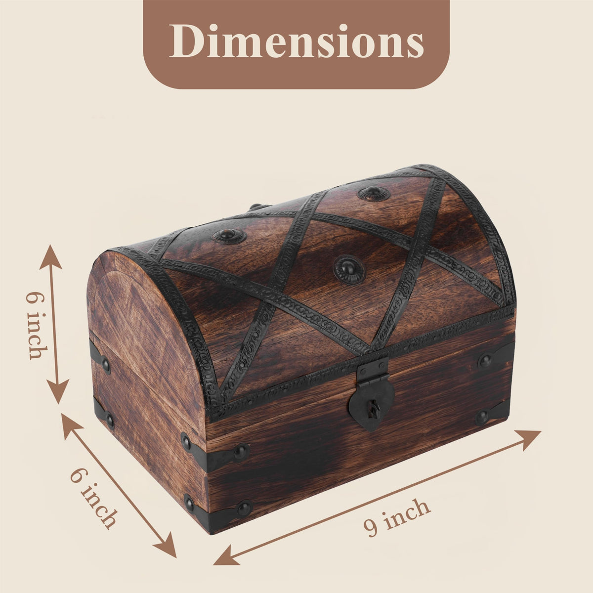 Ajuny Wooden Treasure Chest Pirate Keepsake Jewelry Box - 9x6x6 Inch