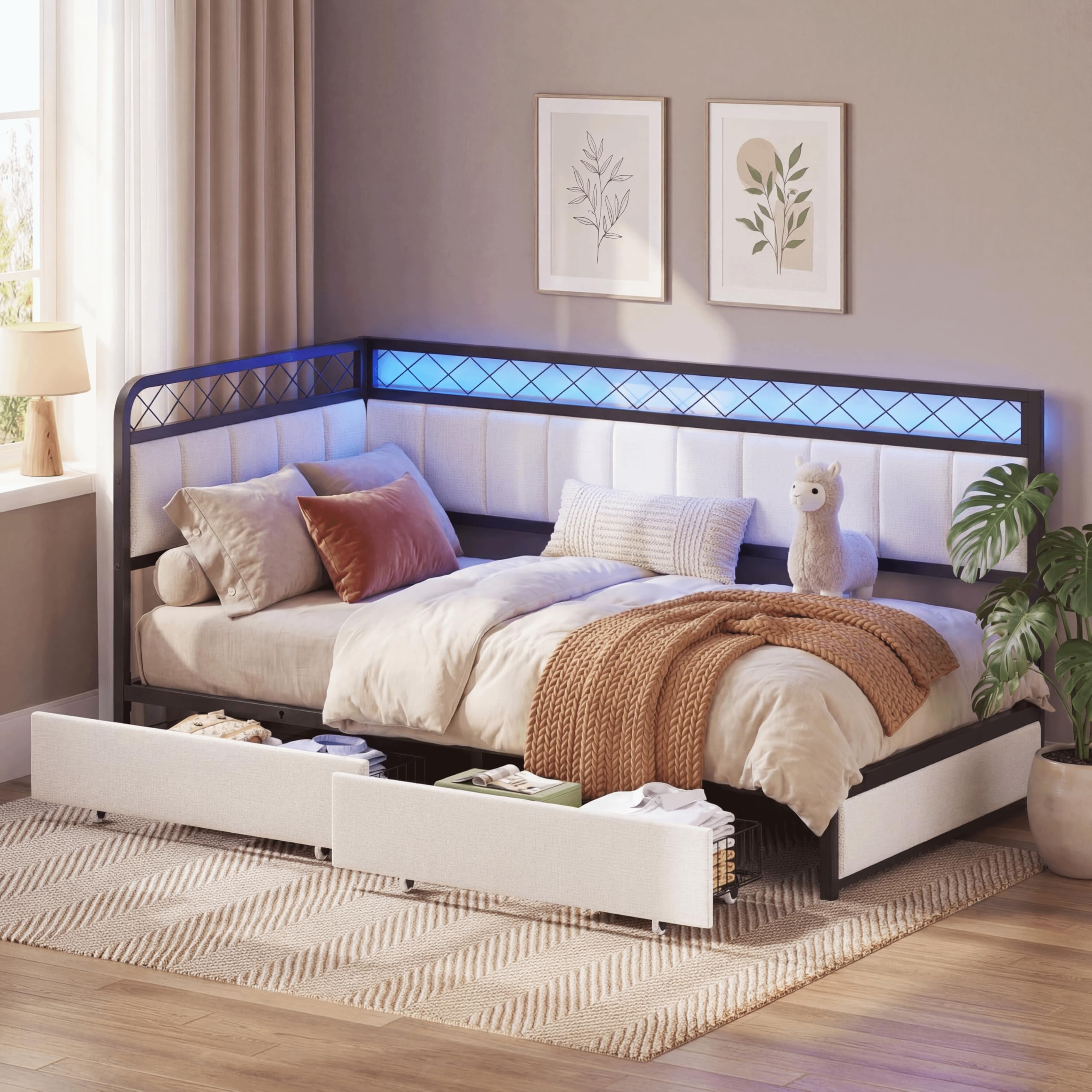 Twin L-Shaped Daybed with LED, Charging Station & Storage Drawers