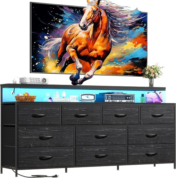 55" Wide Dresser with LED Lights & Power Outlets, 10 Fabric Drawers
