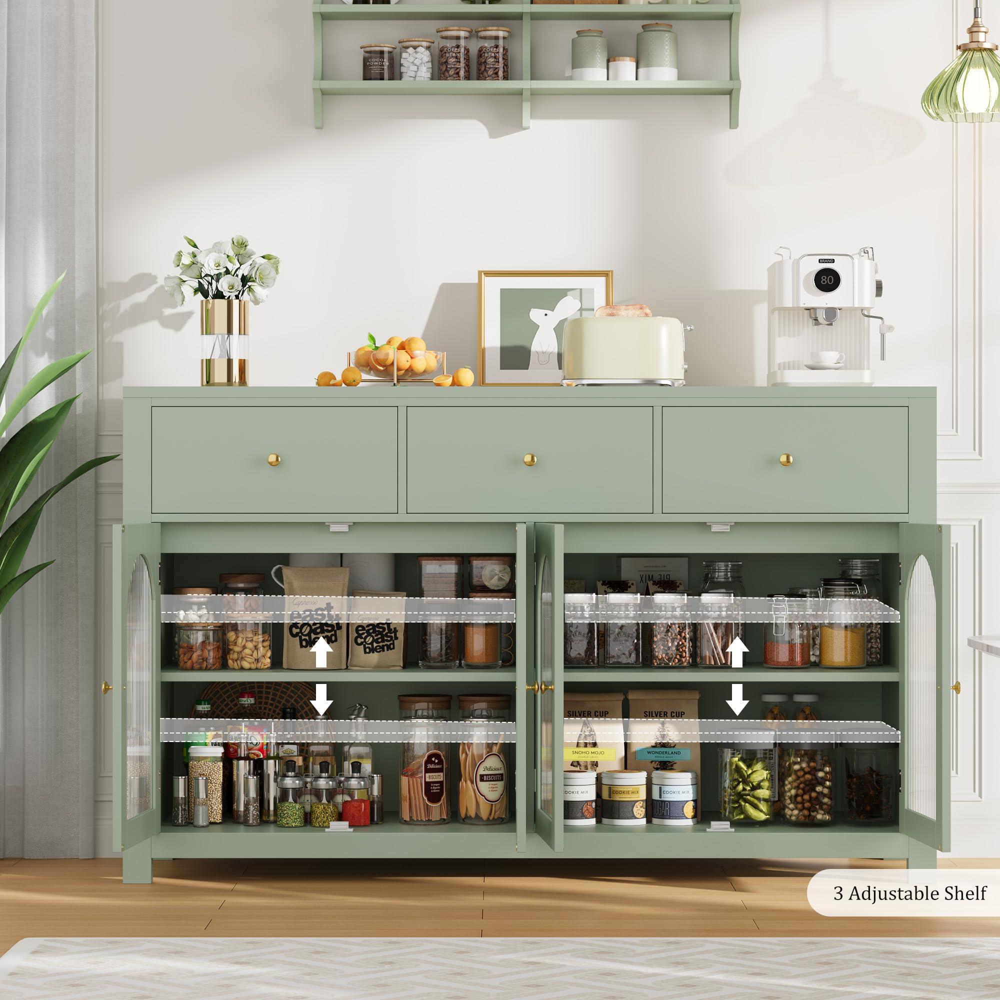 55" Buffet Cabinet with Storage & Fluted Glass Doors