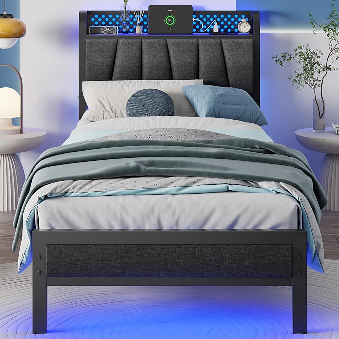 Platform Bed Frame with LED Headboard & Charging Station
