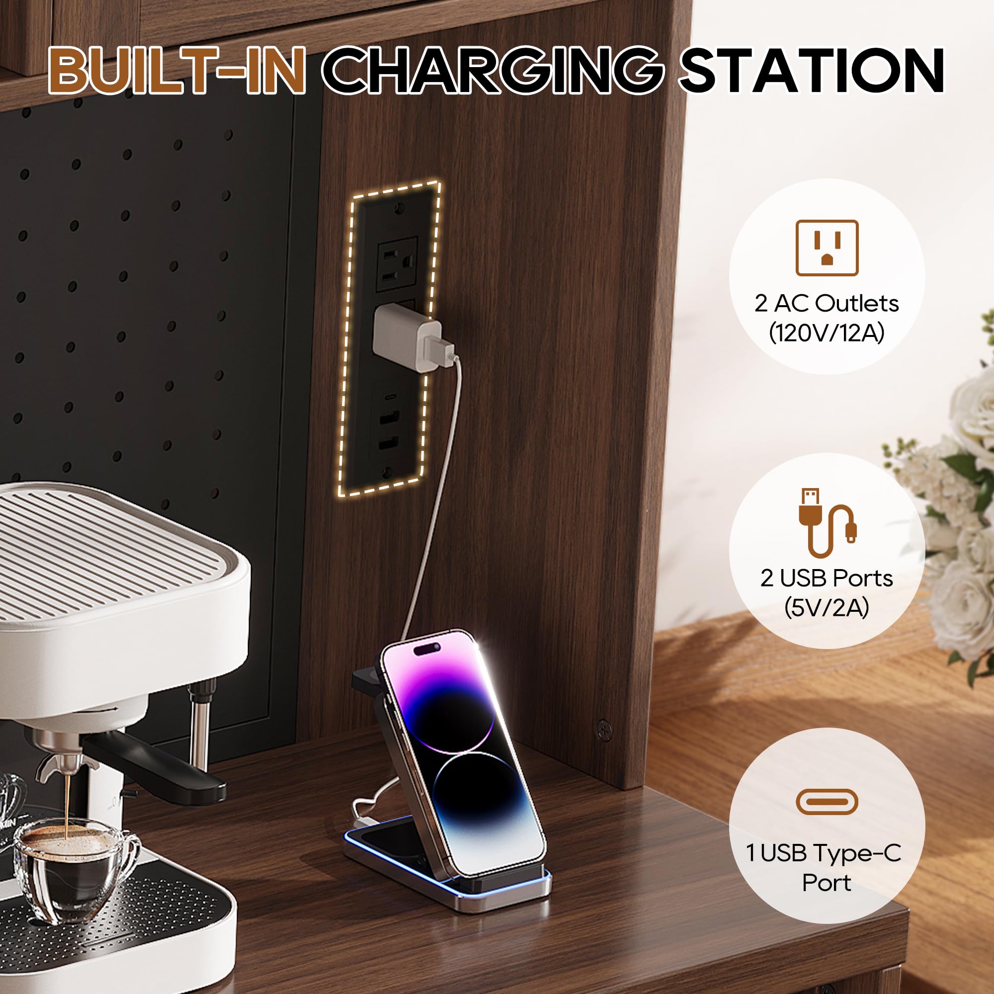 IPKIG 71" Kitchen Pantry Cabinet with Charging Station, Kitchen Hutch Storage Cabinet with LED Lights, Pantry Organizers and Storage with Anti-Tip Device for Dining Room, Brown