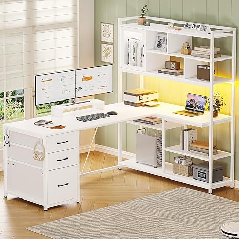 L-Shaped Desk with Bookshelf, Drawers & LED Light