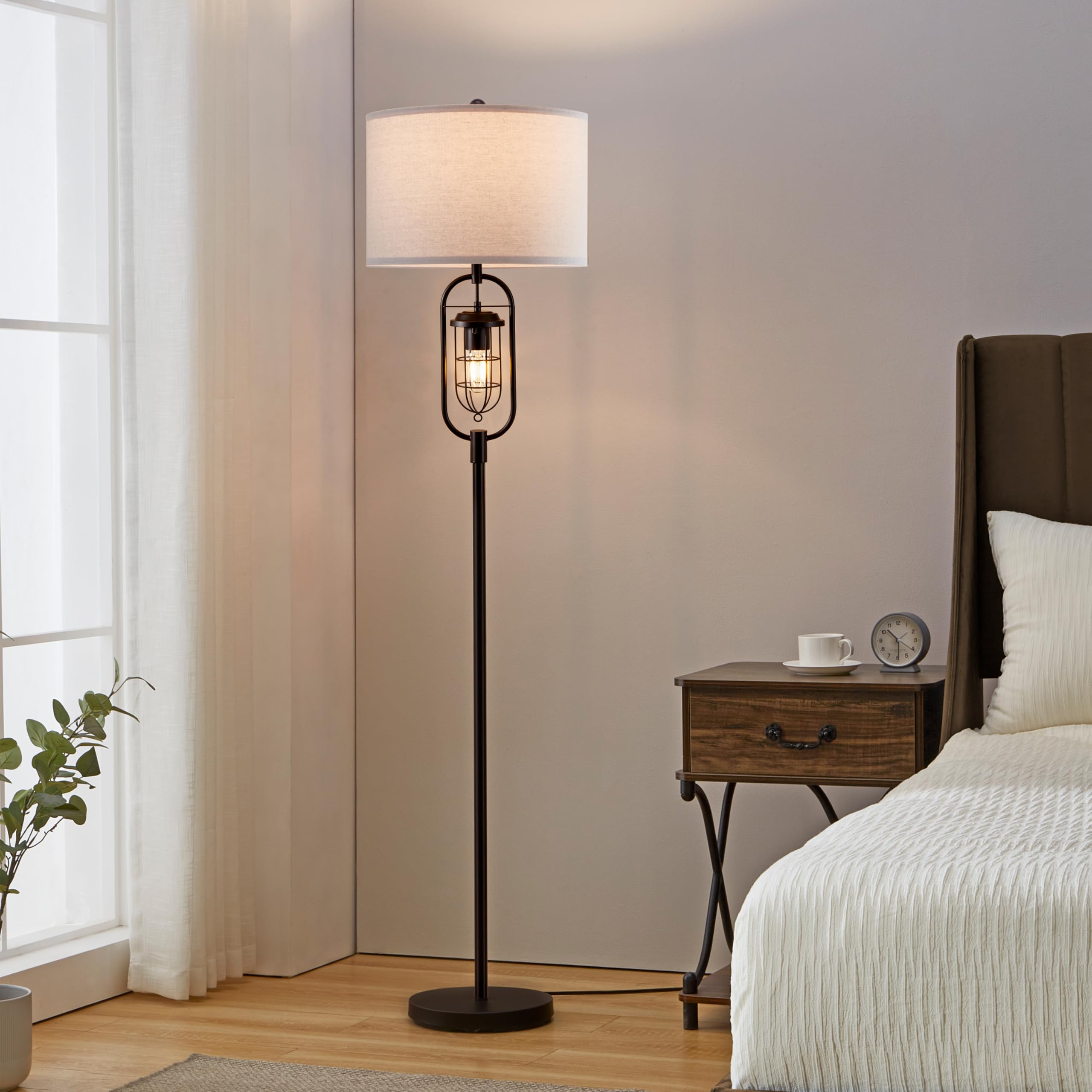 KAWOTl Farmhouse Floor Lamp with Night Light, 62.5’’ Industrial Bronze Standing Lamp for Living Room, Bedroom, Home Office, Rustic Lantern-Style (LED Bulbs Included)
