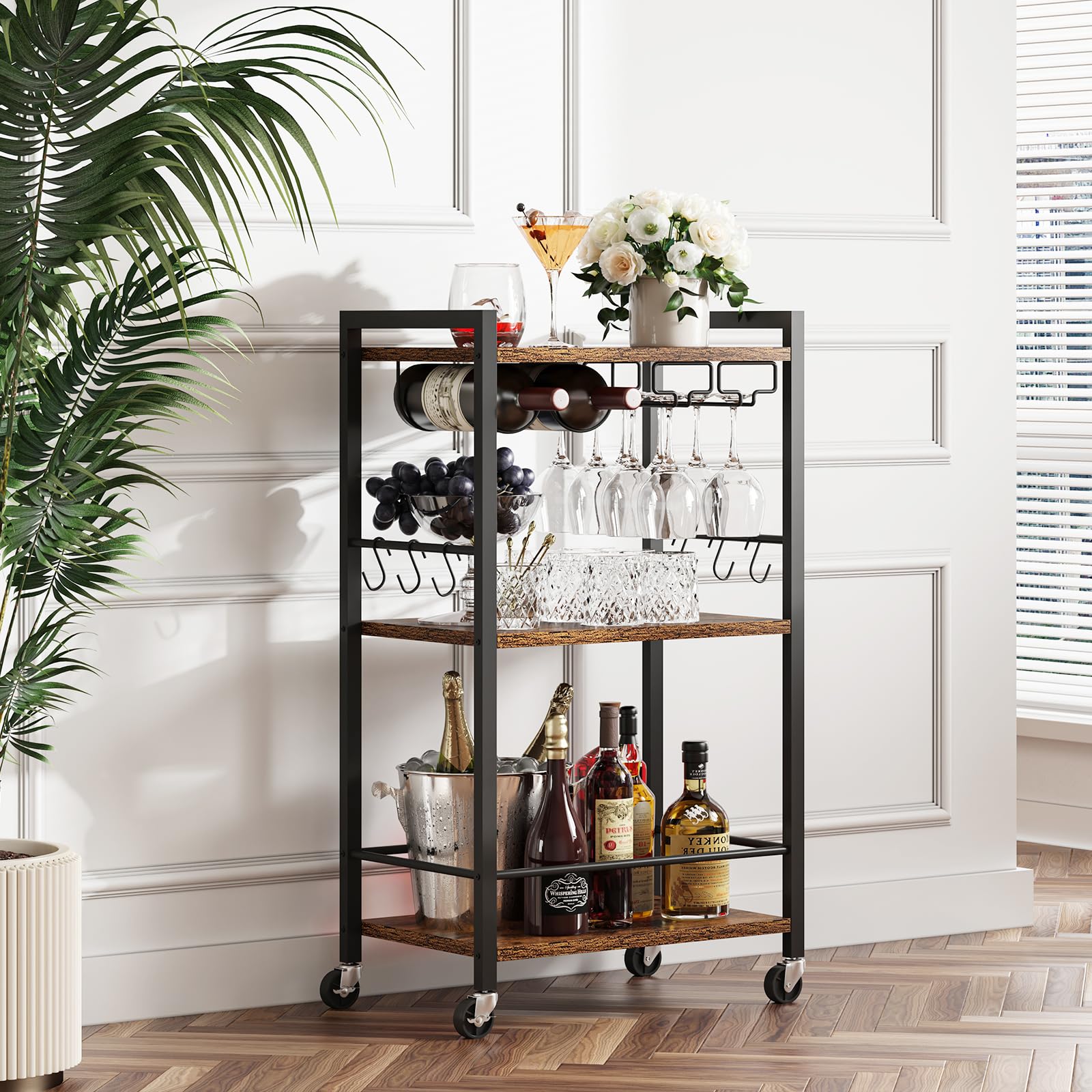 3-Tier Rolling Bar Cart with Wine Rack & Glass Holder