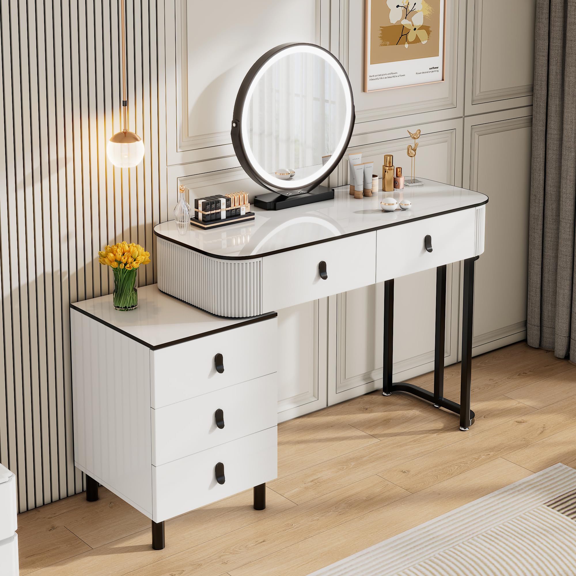 KDCAS Small Makeup Vanity Desk with Mirror and LED Lights | Modern Fluted Vanity Table with Drawers and Reversible Adjustable Side Cabinet (39.37"–51.2") | Space-Saving White Vanity Desk for Bedroom