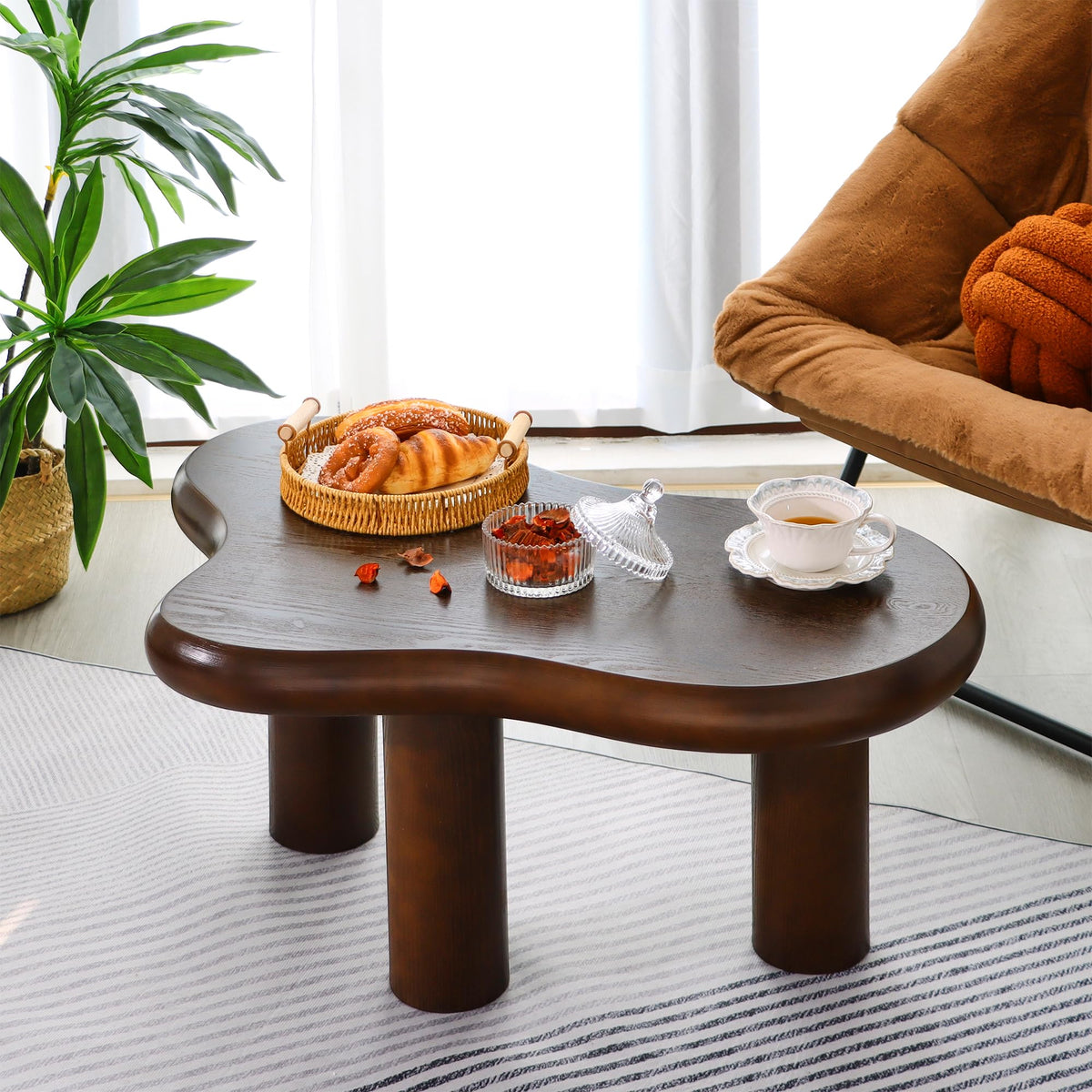 Mordchil HF 34"(L) Cloud Coffee Table, Modern Wood Coffee Table for Living Room, Accent Center Tables with 3 Legs, Small Tea Tables for Balcony, Patio, Bedroom, Walnut