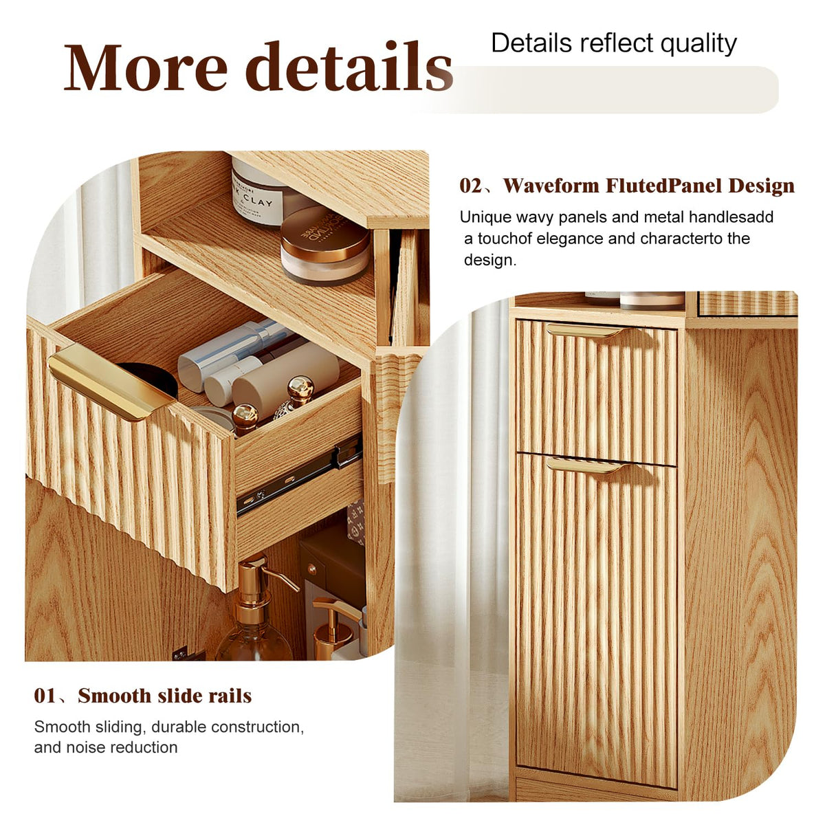 GRUTEUNIT Corner Makeup Vanity Desk with 3 Way Mirror and Lights,48" Large Vanity Table with 6 Drawers & Storage Cabinets, Charging Station, Fluted Dressing Table for Bedroom, Oak