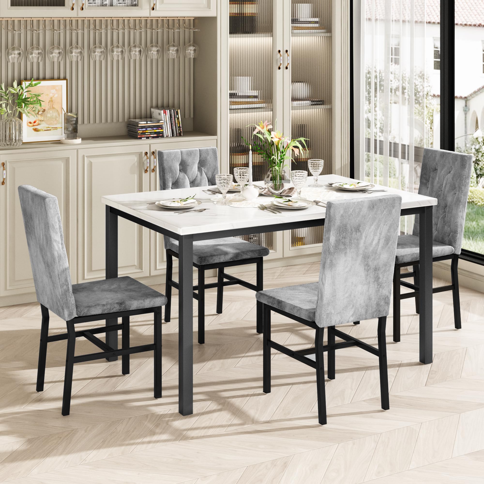 5-Piece Faux Marble Dining Table Set with Button-Tufted Chairs