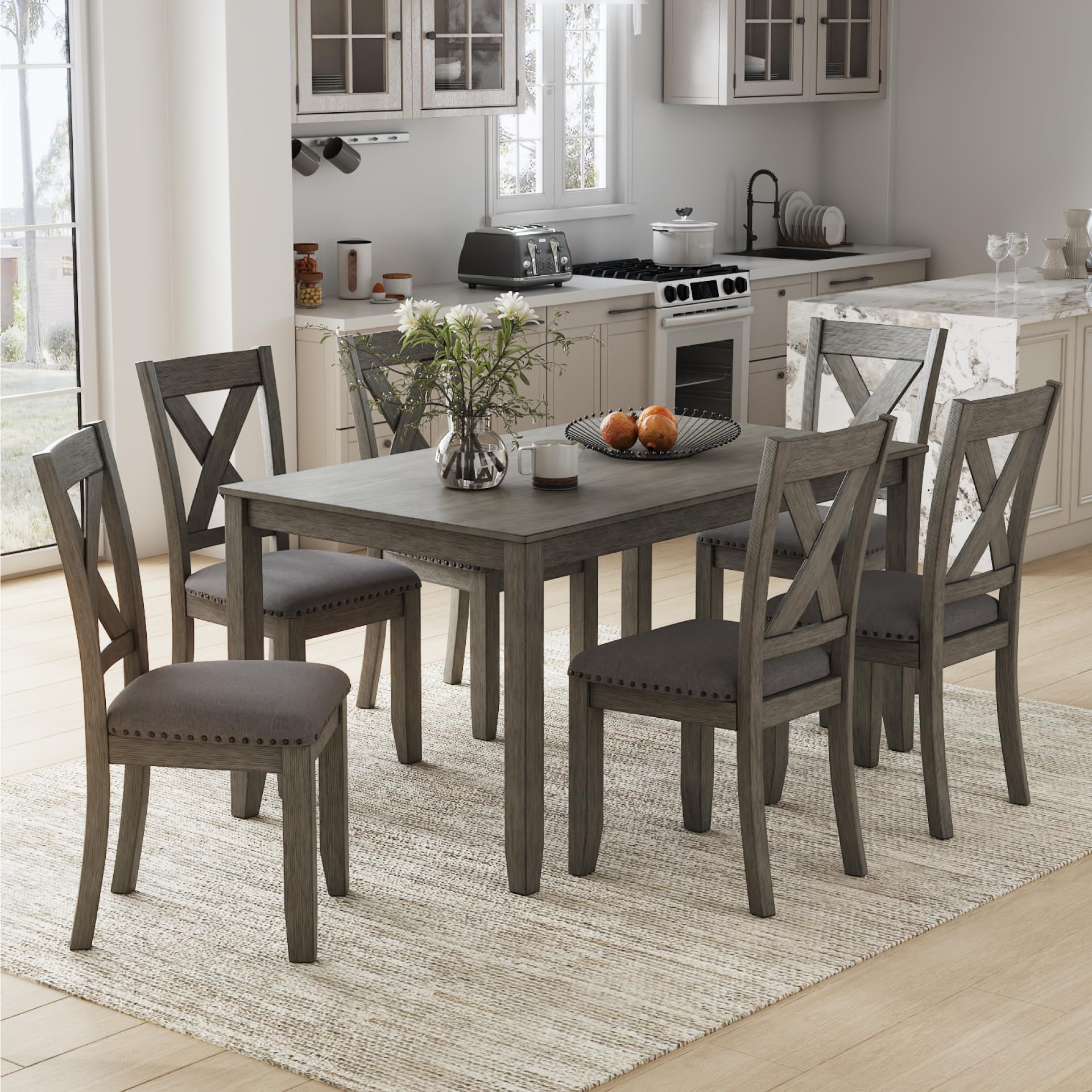 7-Piece Rustic Dining Set with X-Back Upholstered Chairs