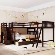 CITYLIGHT Triple Bunk Bed for Kids, Wooden L-Shaped Corner Bunk Bed with 3 Storage Drawers Attached a Twin Loft Bed,Bunk Beds with Stairs and Ladder for Boys Girls Teens,Espresso
