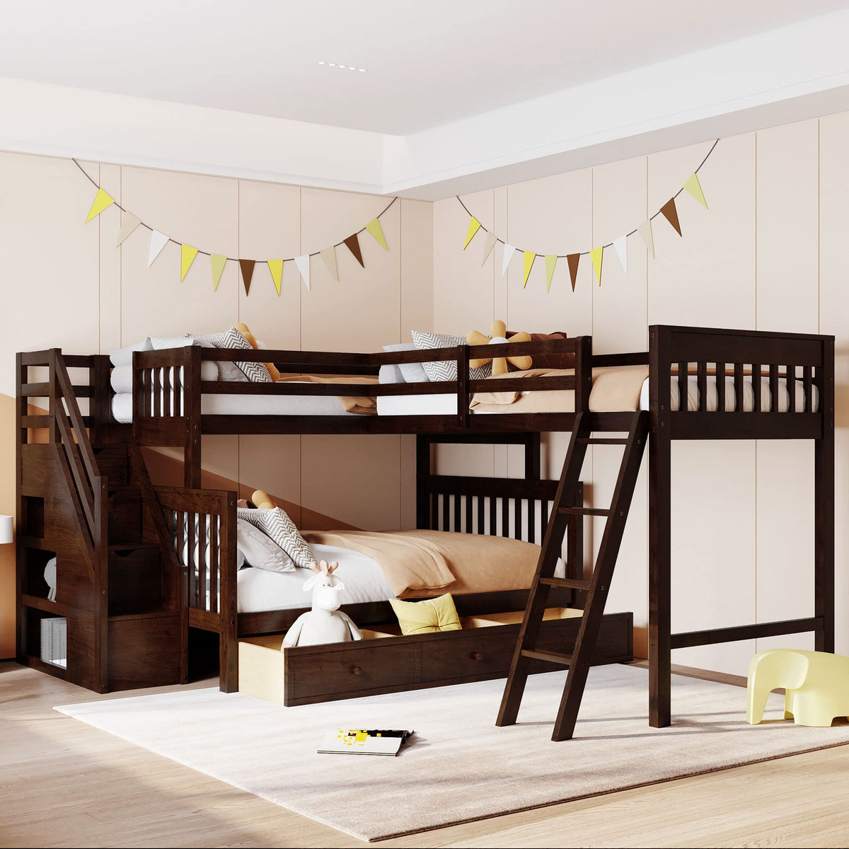 CITYLIGHT Triple Bunk Bed for Kids, Wooden L-Shaped Corner Bunk Bed with 3 Storage Drawers Attached a Twin Loft Bed,Bunk Beds with Stairs and Ladder for Boys Girls Teens,Espresso