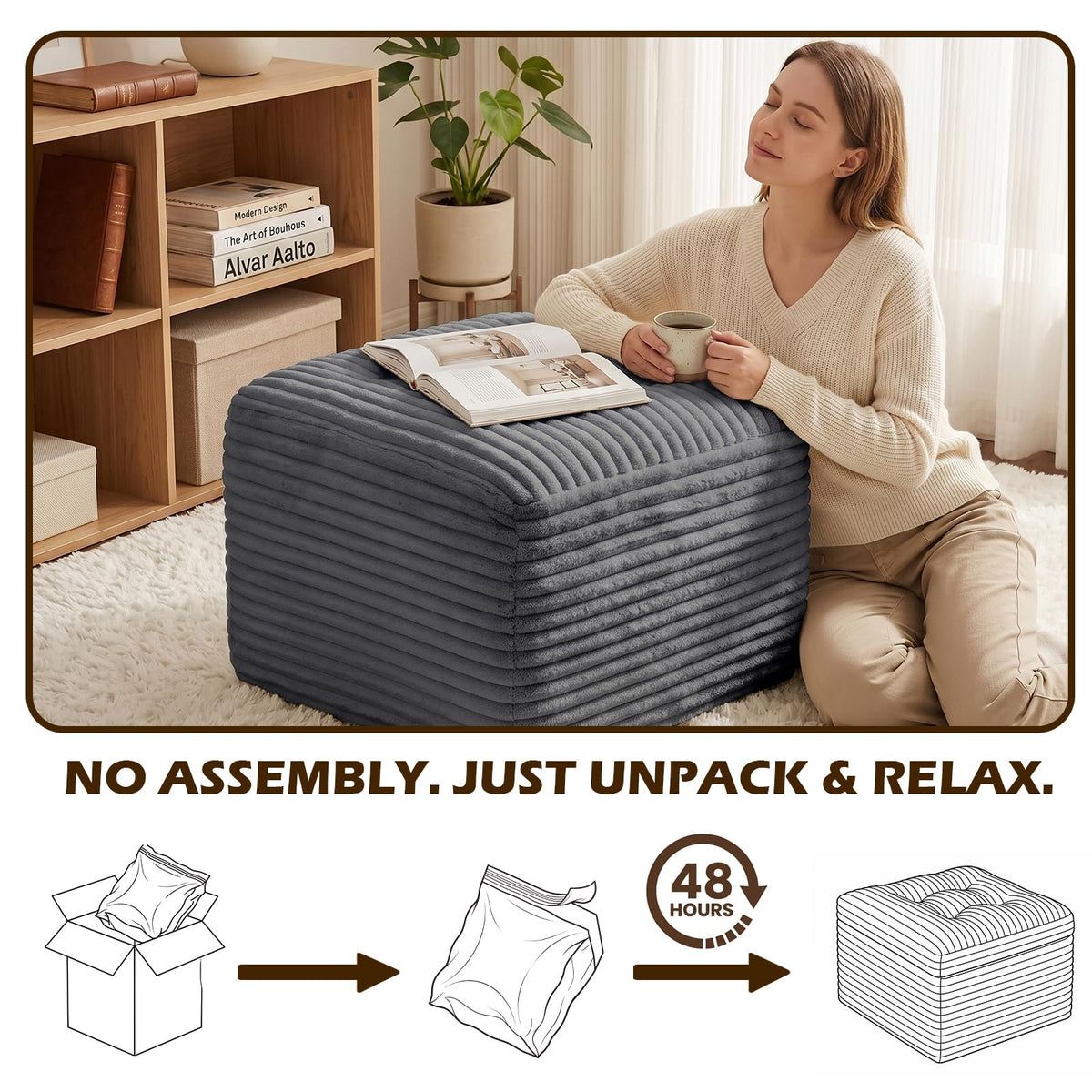 OXVIT 23.6in Pouf Ottoman, Corduroy Ottoman Foot Rest Footstool, Grey