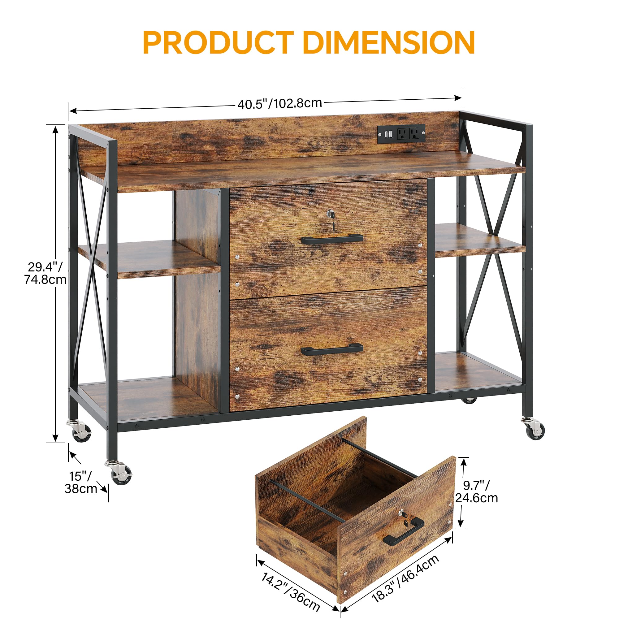 Rolling File Cabinet with Power Outlets & Locking Drawers