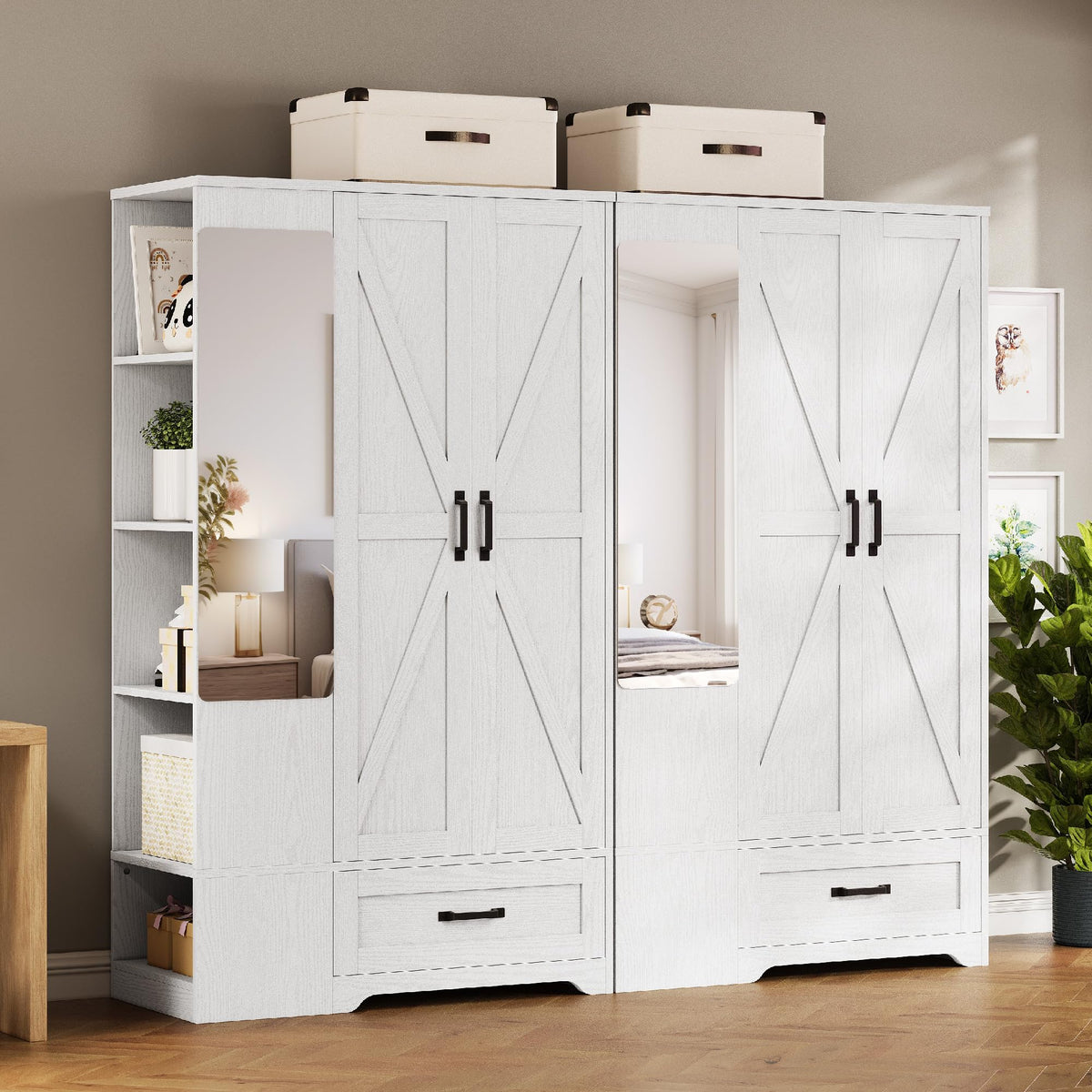 White Mirrored Wardrobe with Shelves