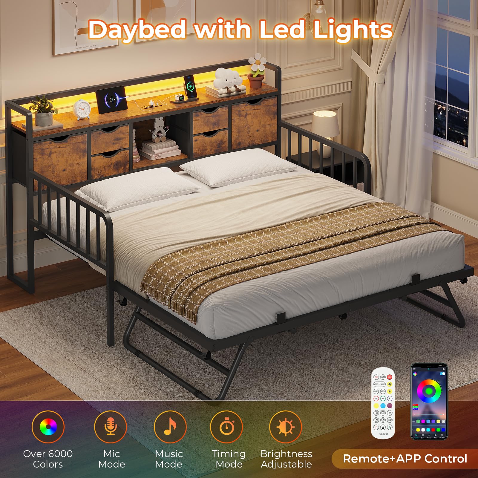 Twin Daybed with Pop-Up Trundle & Storage Headboard