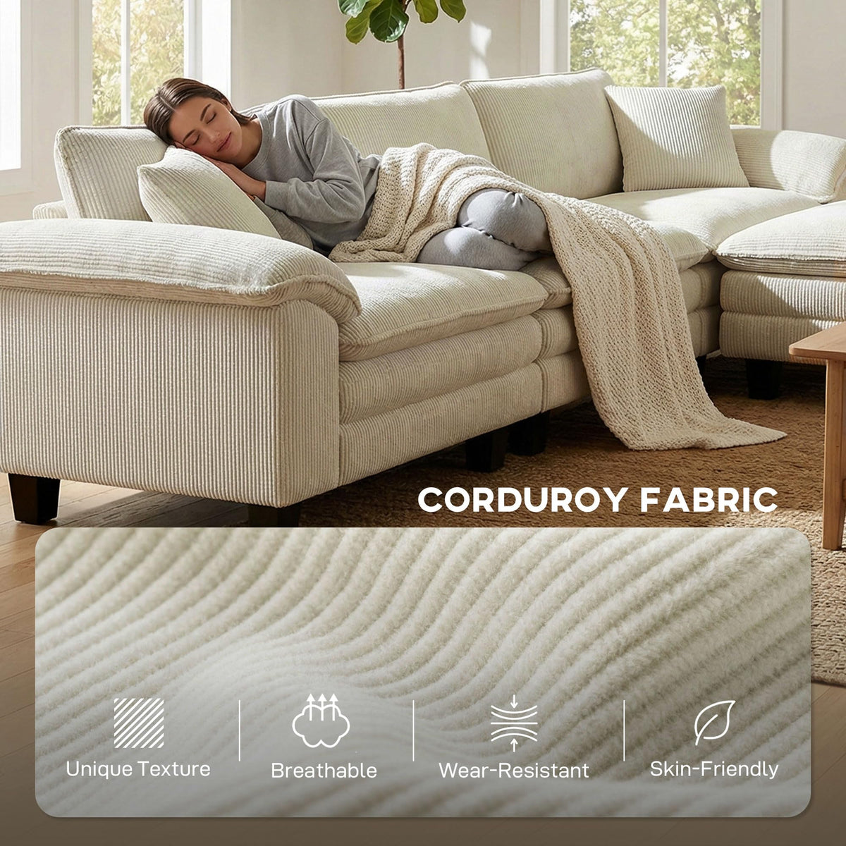 Corduroy Sectional Sofa with Ottoman