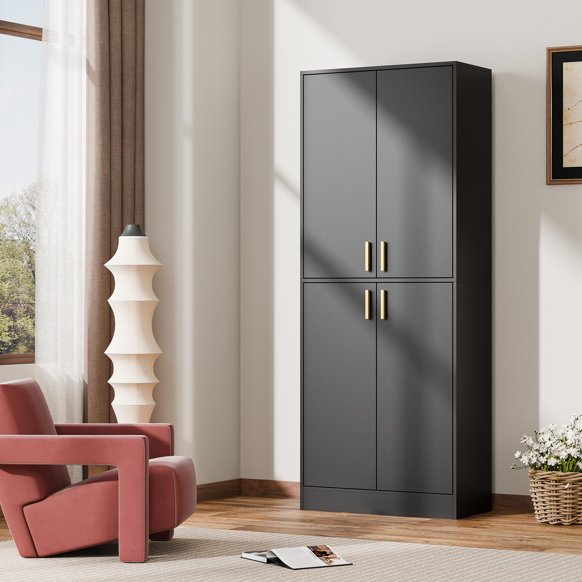 Cozy Castle Kitchen Pantry Cabinet, 71" Tall Wood Storage Cabinet with Doors and Shelves 4 Doors Freestanding Cupboard for Dining Room Living Room Furniture, Black